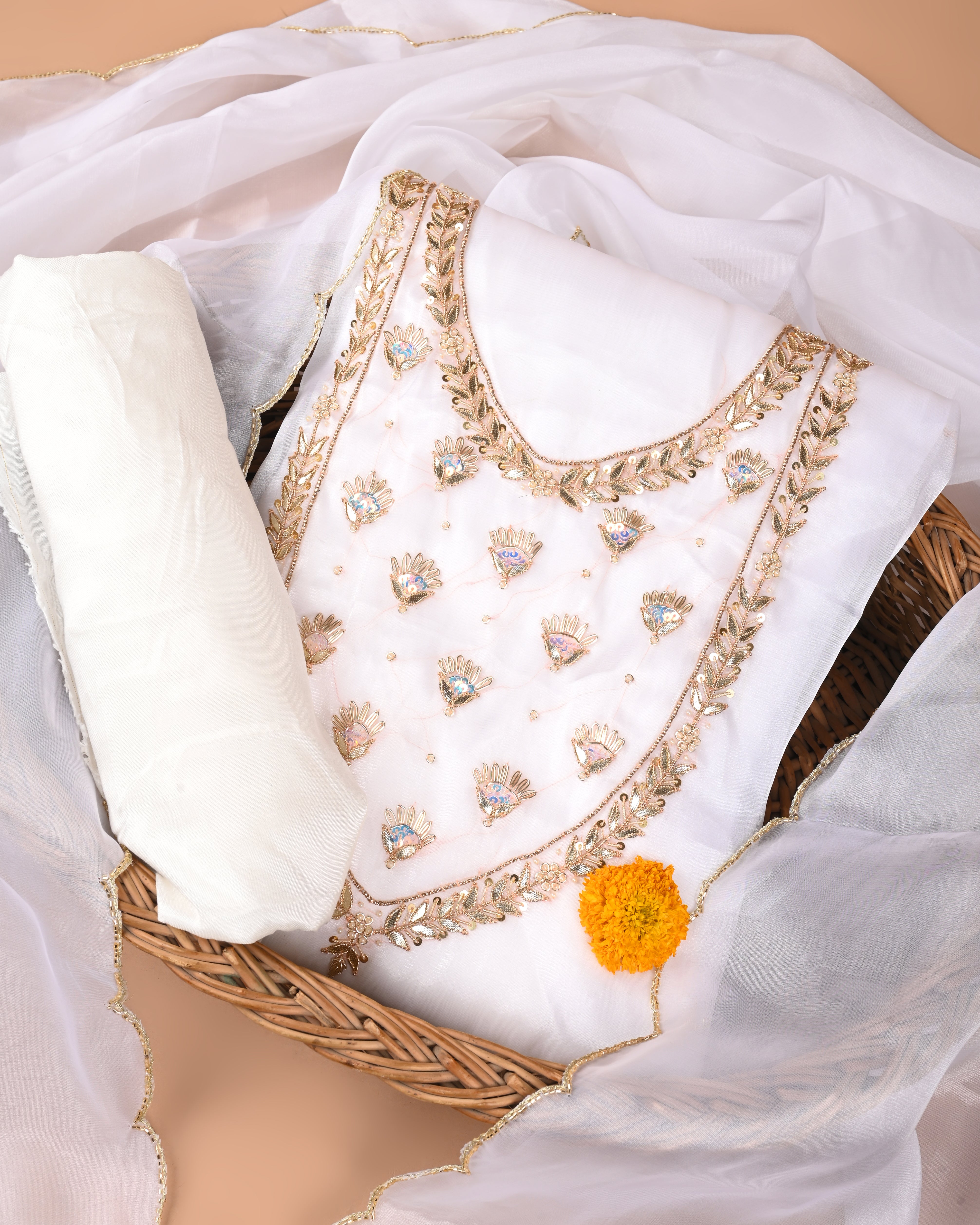 Snow White Royale Unstitched Jimmy Choo Silk Suit Set with Handcrafted Gota Patti & Pearl Embellishment