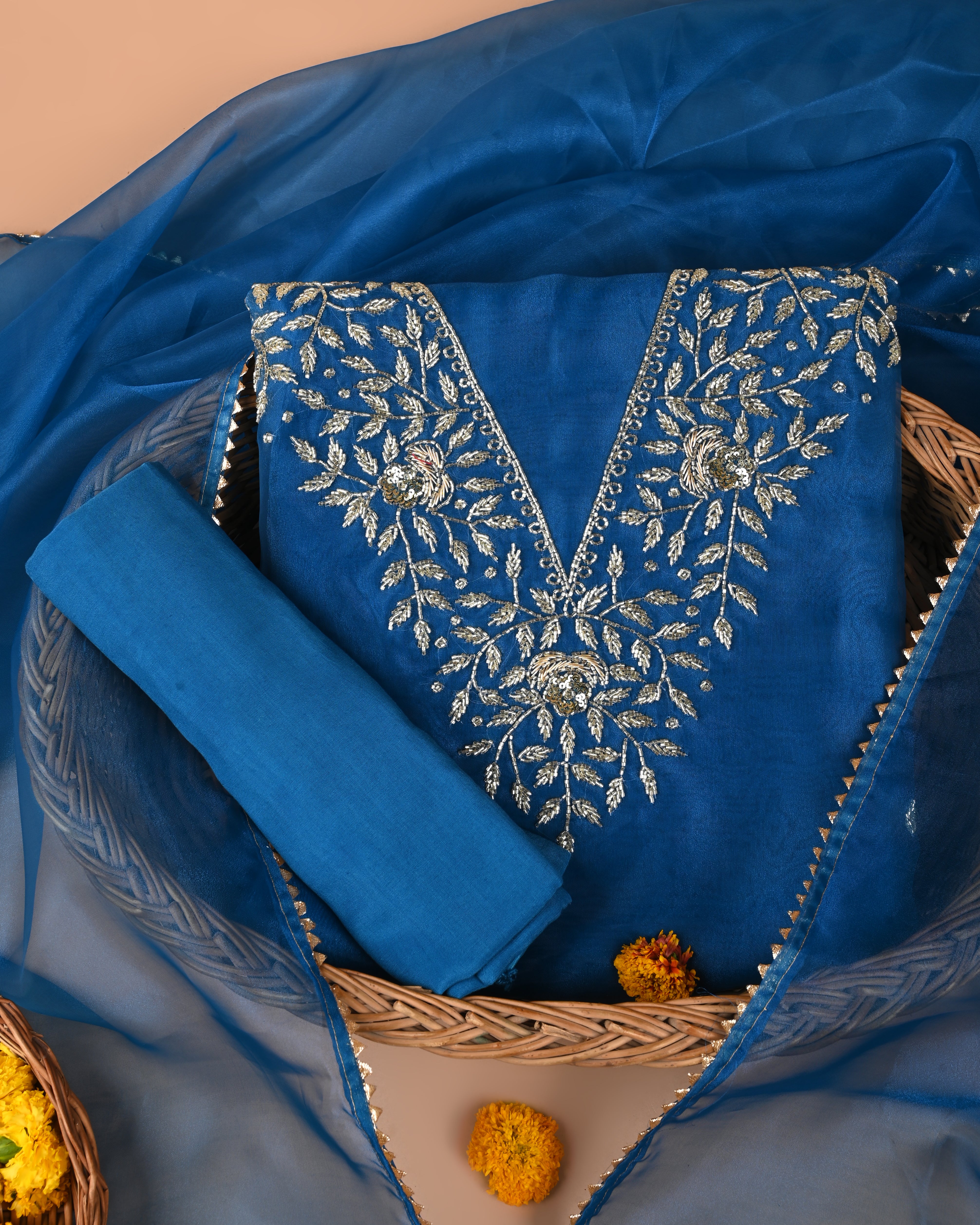 Blue Eyes Zardosi Unstitched Suit Set with V-Neck Handcrafted Detailing