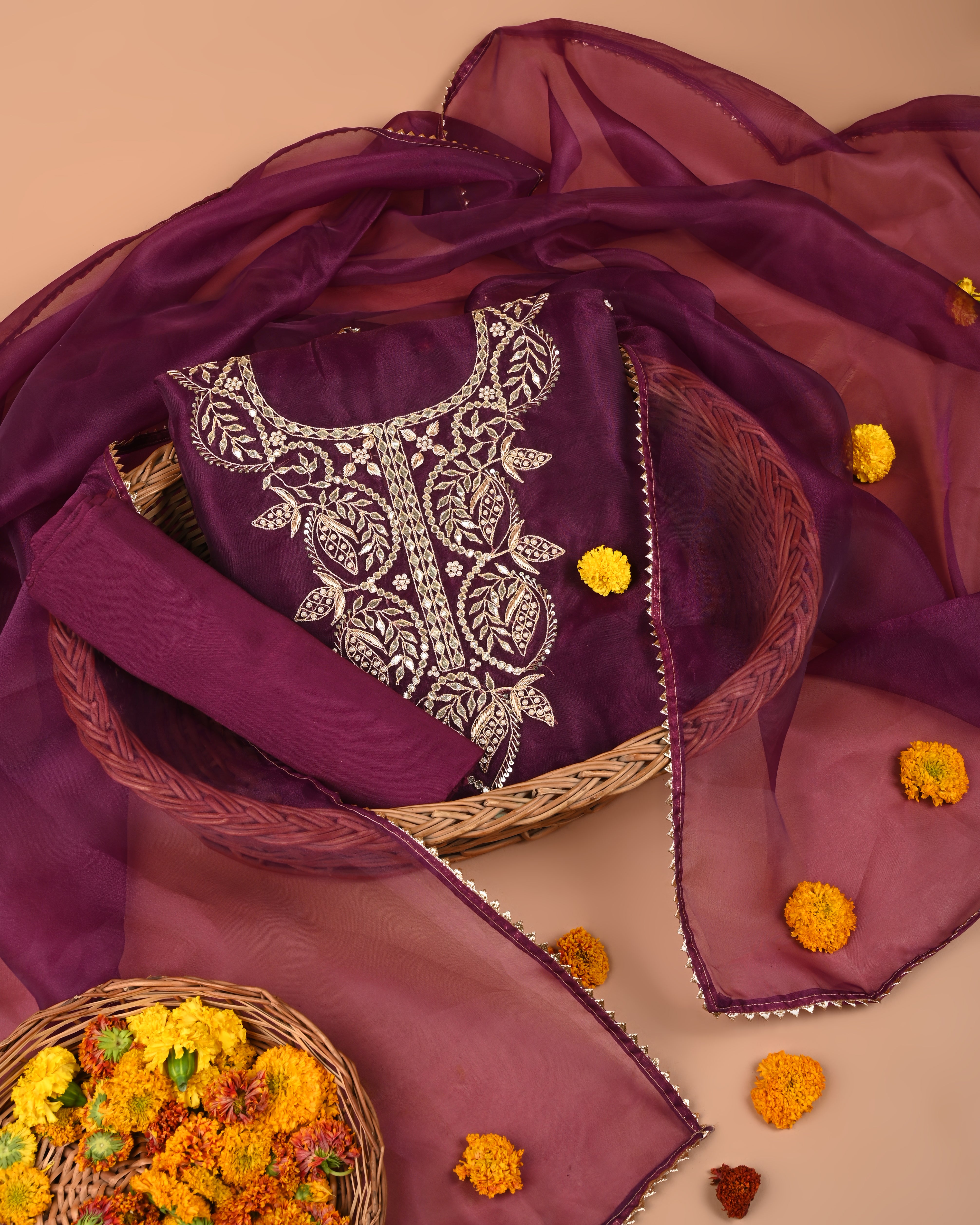 Subtle Merlot Grace Unstitched Organza Tissue Suit Set with Heritage Gota Patti, Pearl & Zardozi Handwork