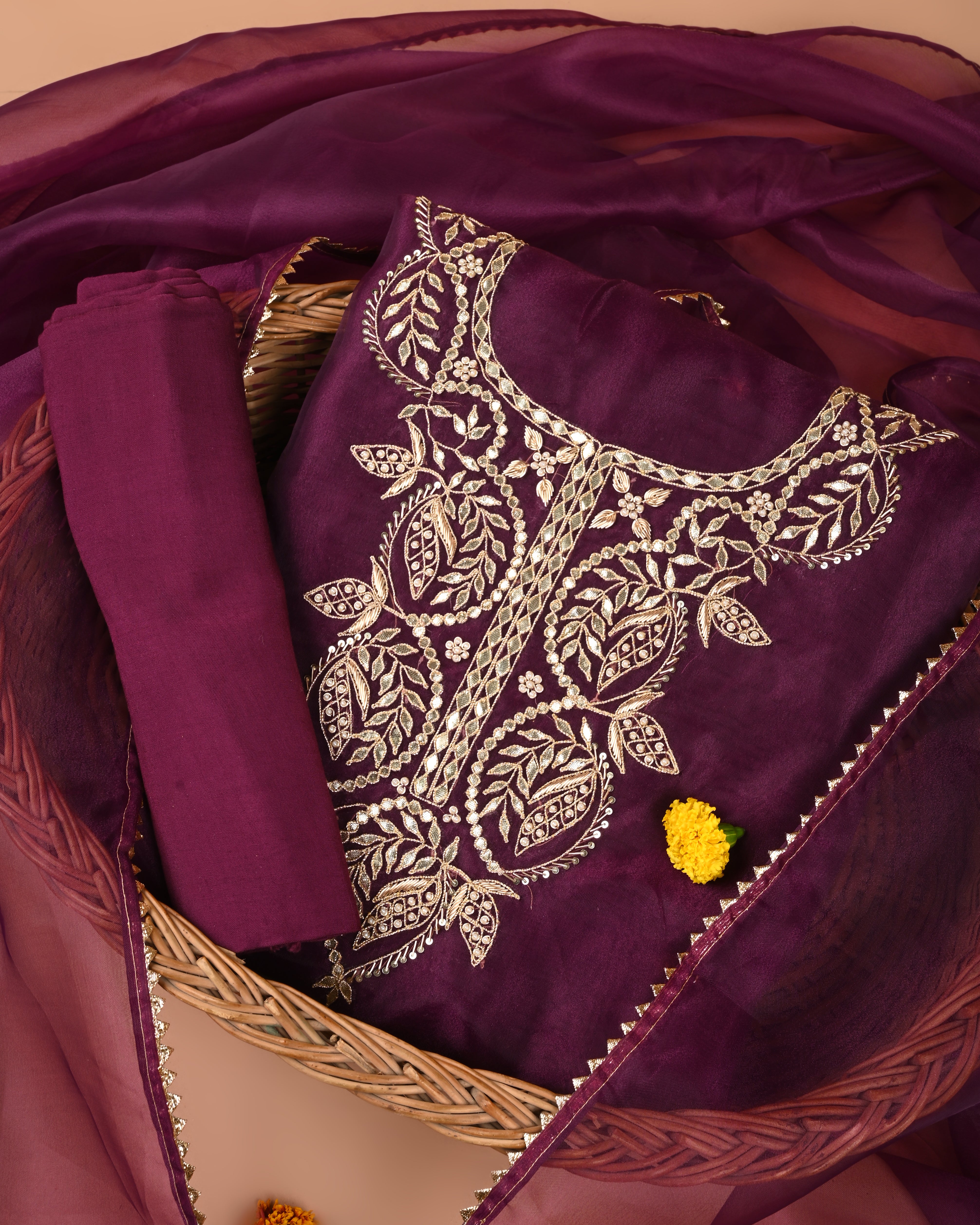 Subtle Merlot Grace Unstitched Organza Tissue Suit Set with Heritage Gota Patti, Pearl & Zardozi Handwork