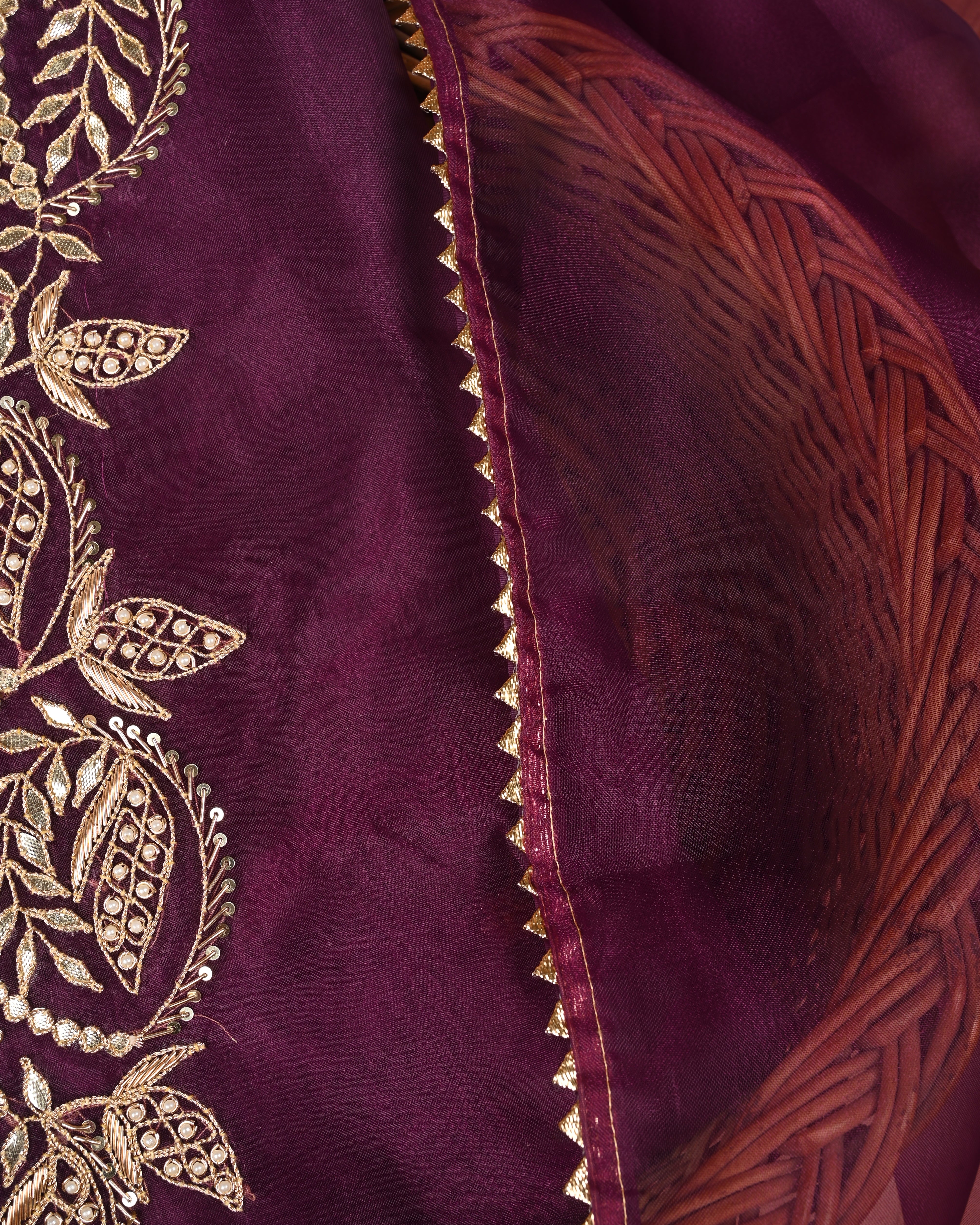 Subtle Merlot Grace Unstitched Organza Tissue Suit Set with Heritage Gota Patti, Pearl & Zardozi Handwork