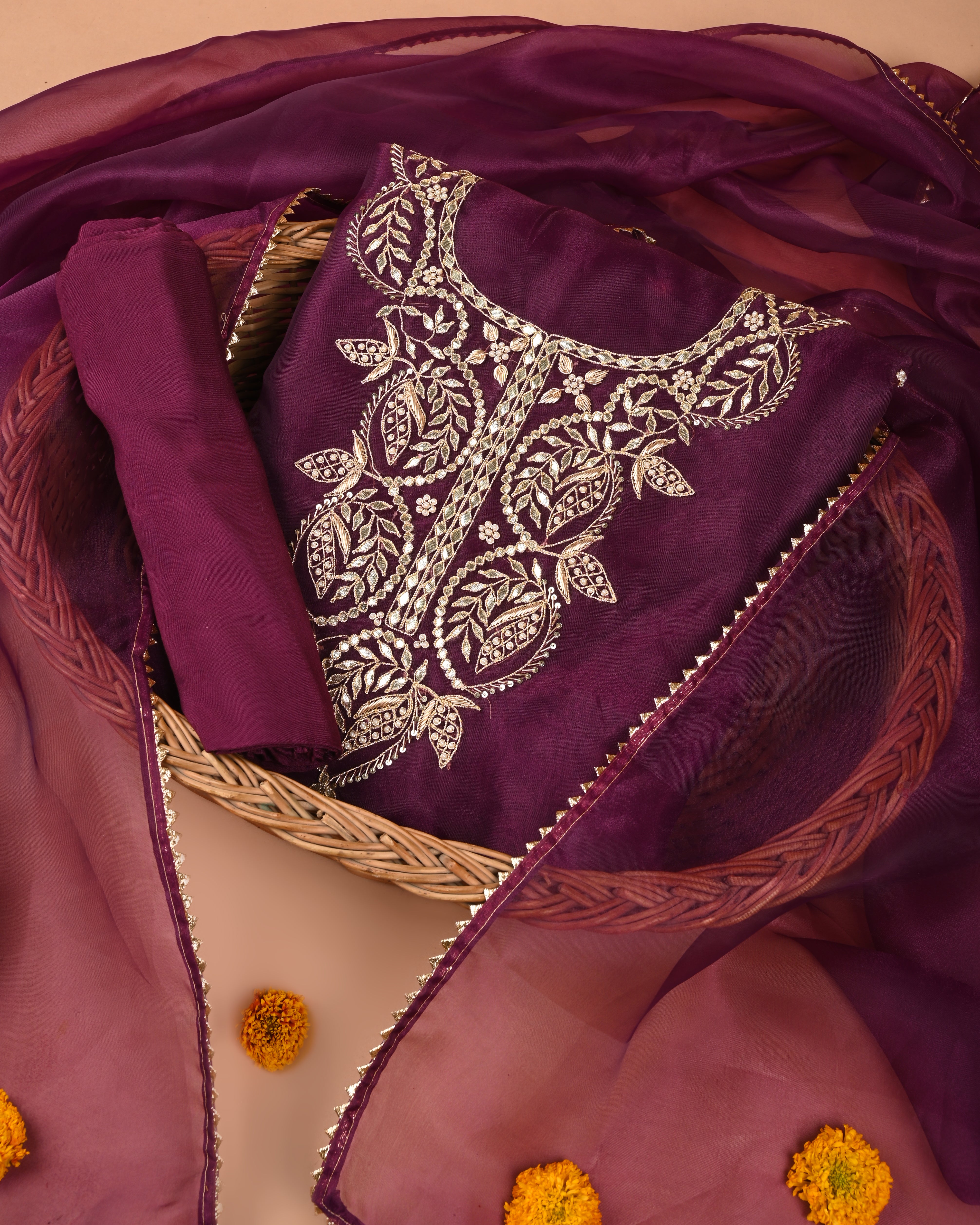 Subtle Merlot Grace Unstitched Organza Tissue Suit Set with Heritage Gota Patti, Pearl & Zardozi Handwork