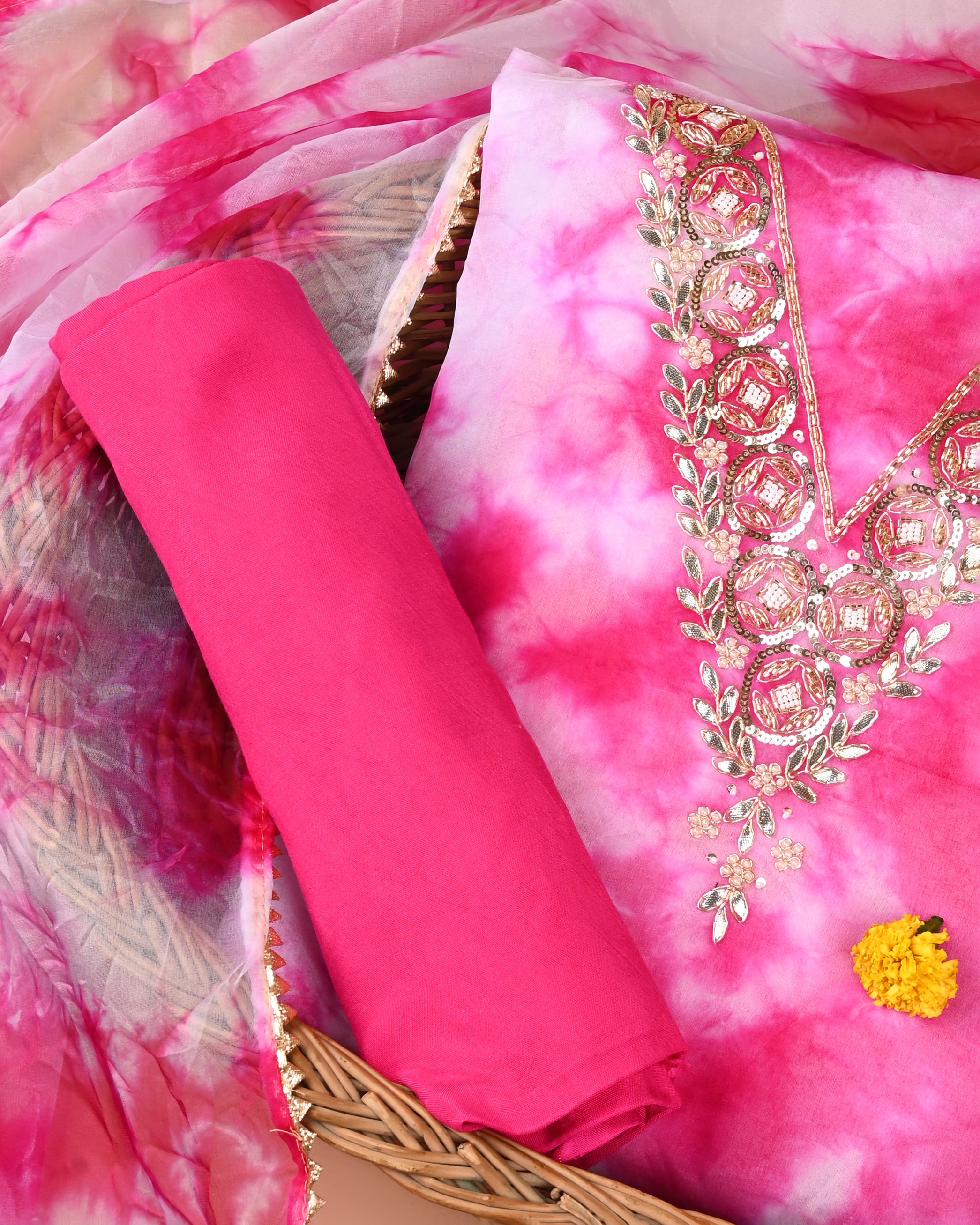 Blush Aura Unstitched Tie-Dye Organza Suit Set with Gota Patti & Pearl Embellishments