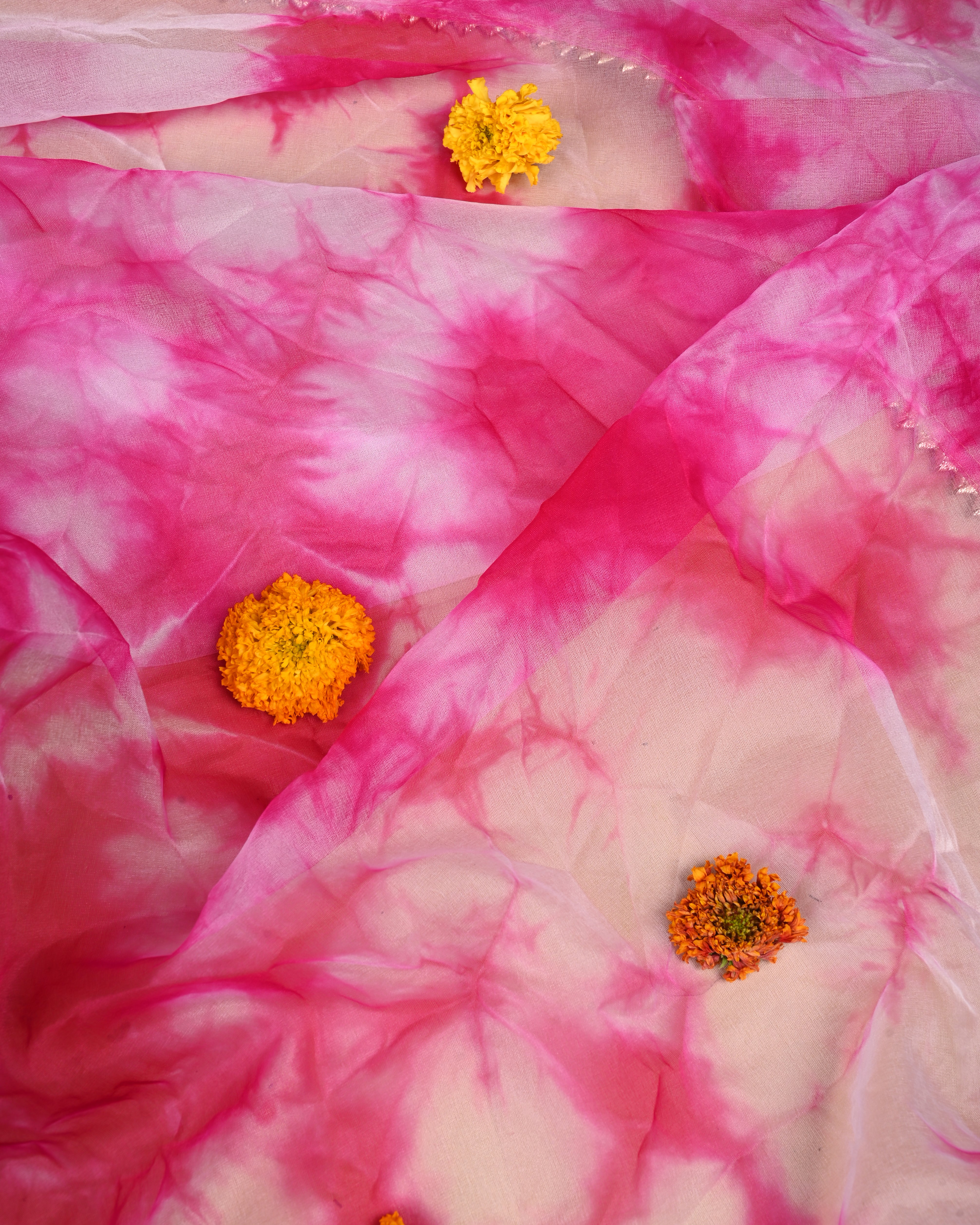 Blush Aura Unstitched Tie-Dye Organza Suit Set with Gota Patti & Pearl Embellishments