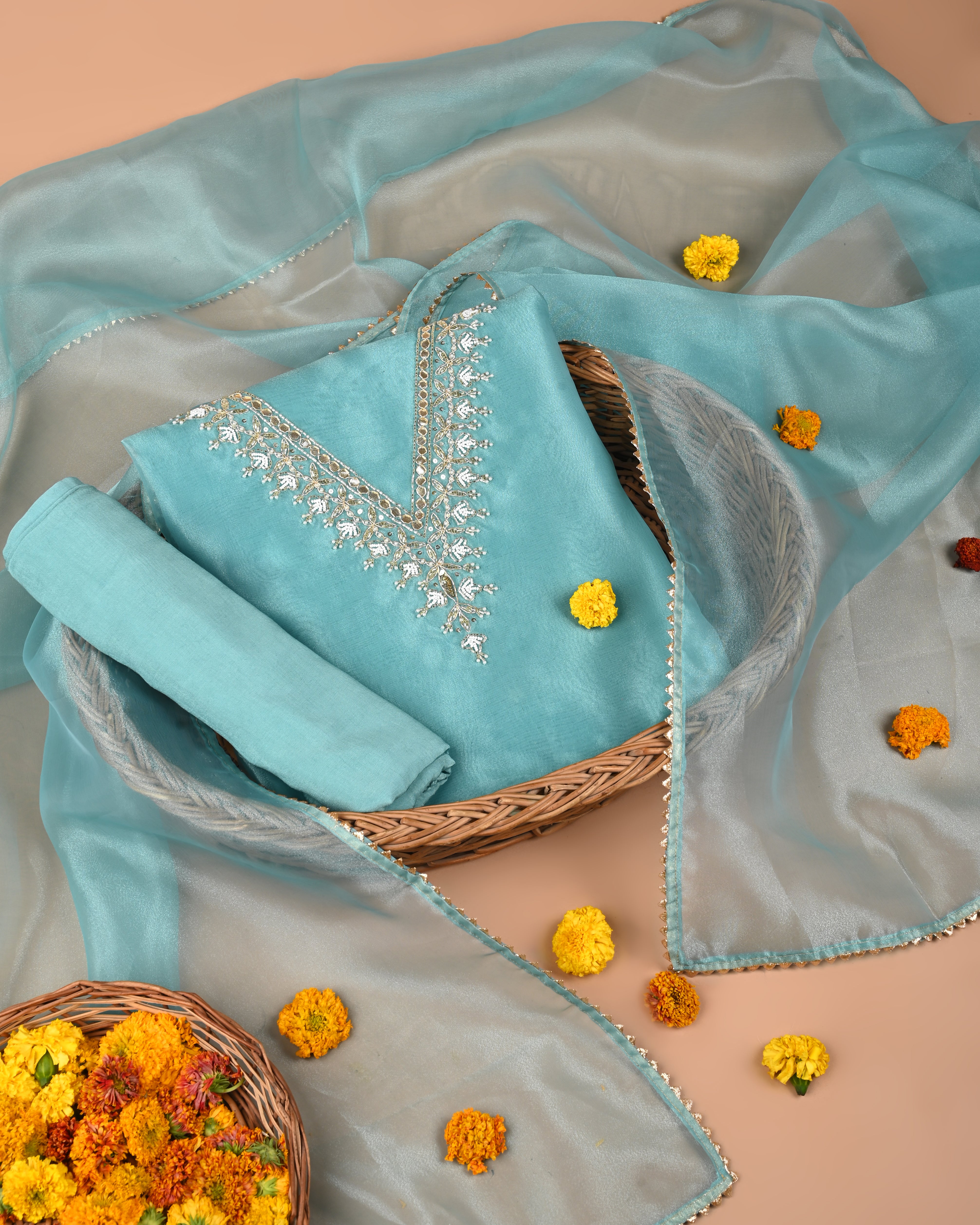 Electric Blue Elegance Unstitched Organza Tissue Suit Set with Handcrafted Gota Patti & Pearl Work