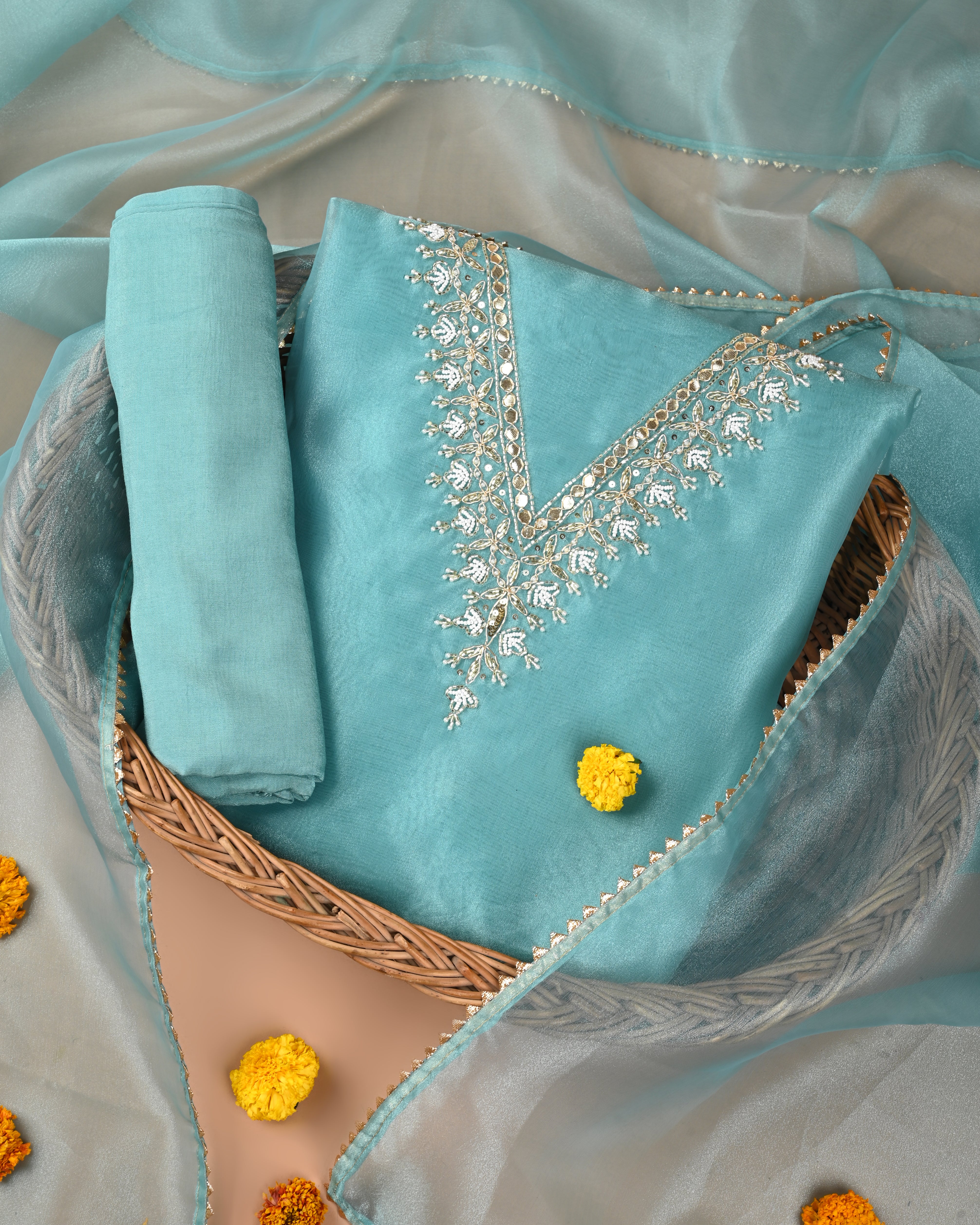 Electric Blue Elegance Unstitched Organza Tissue Suit Set with Handcrafted Gota Patti & Pearl Work