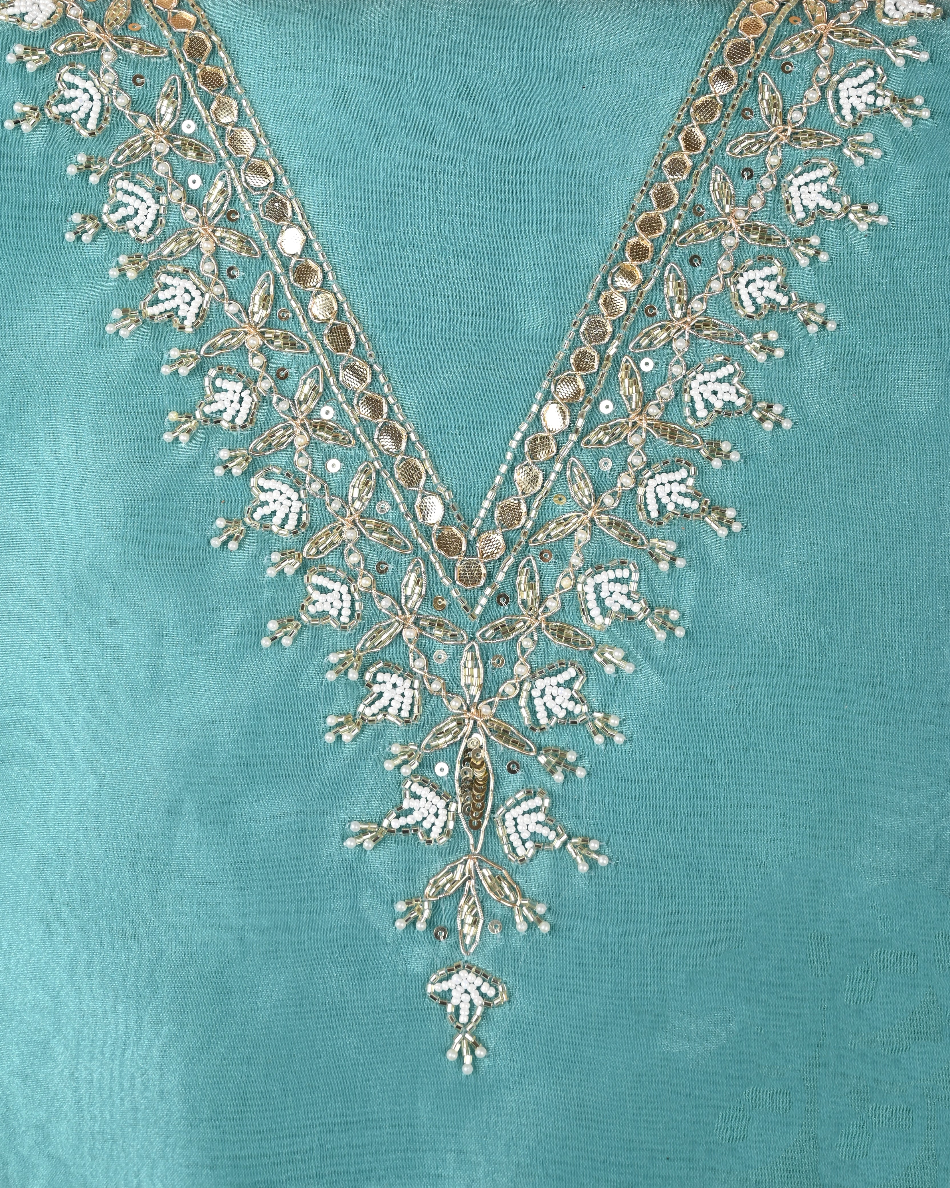 Electric Blue Elegance Unstitched Organza Tissue Suit Set with Handcrafted Gota Patti & Pearl Work