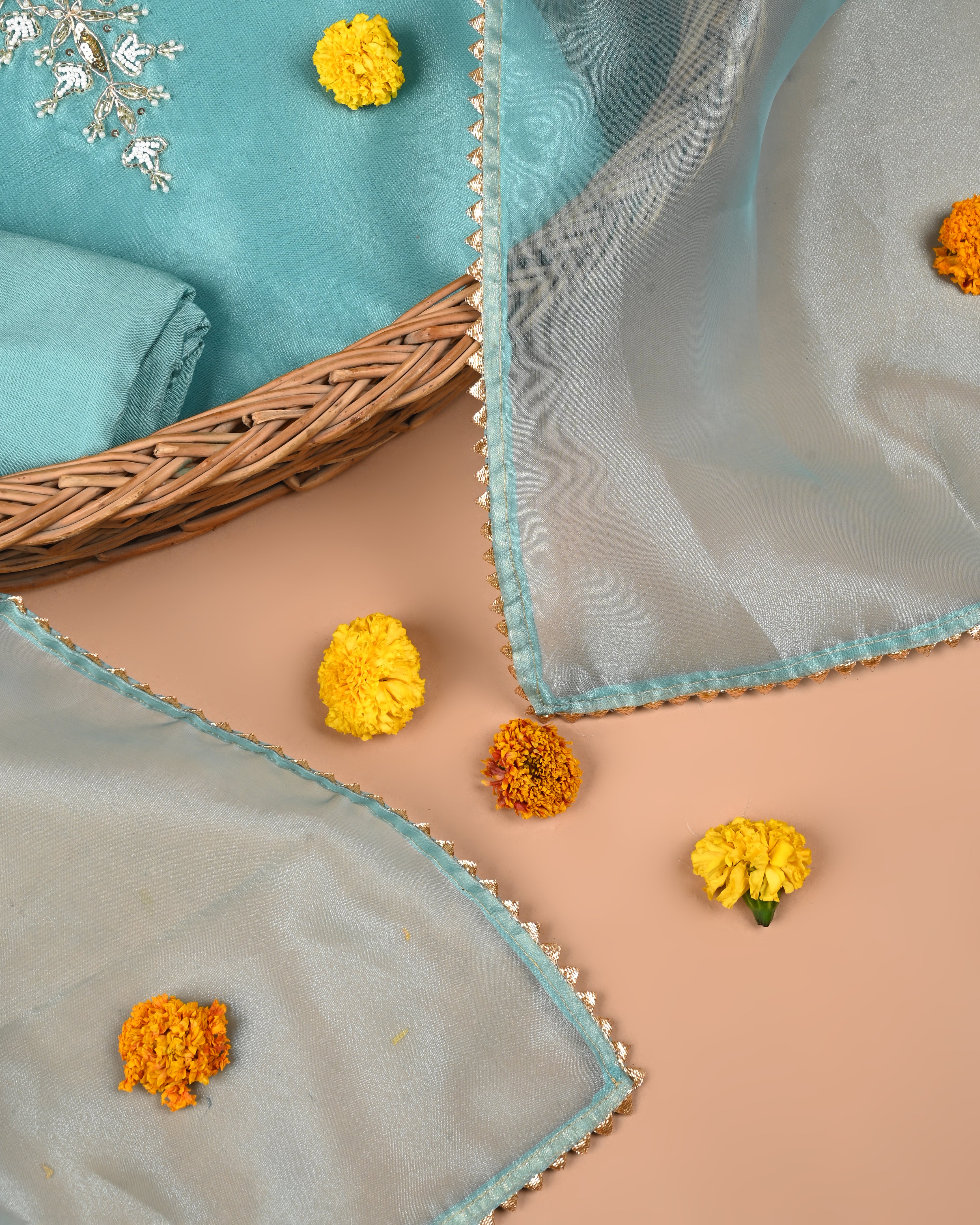 Electric Blue Elegance Unstitched Organza Tissue Suit Set with Handcrafted Gota Patti & Pearl Work