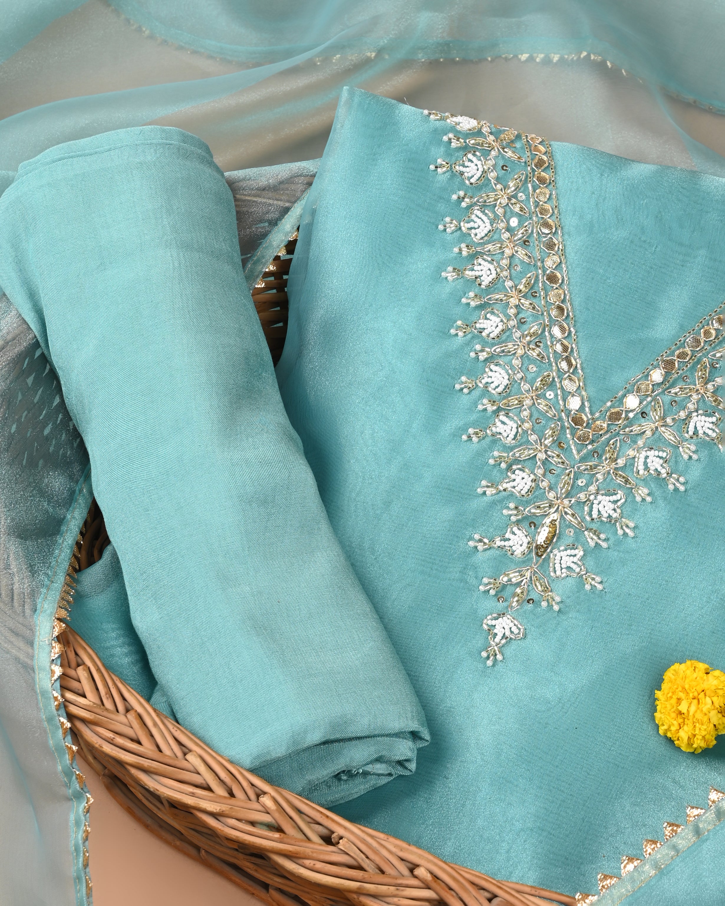 Electric Blue Elegance Unstitched Organza Tissue Suit Set with Handcrafted Gota Patti & Pearl Work