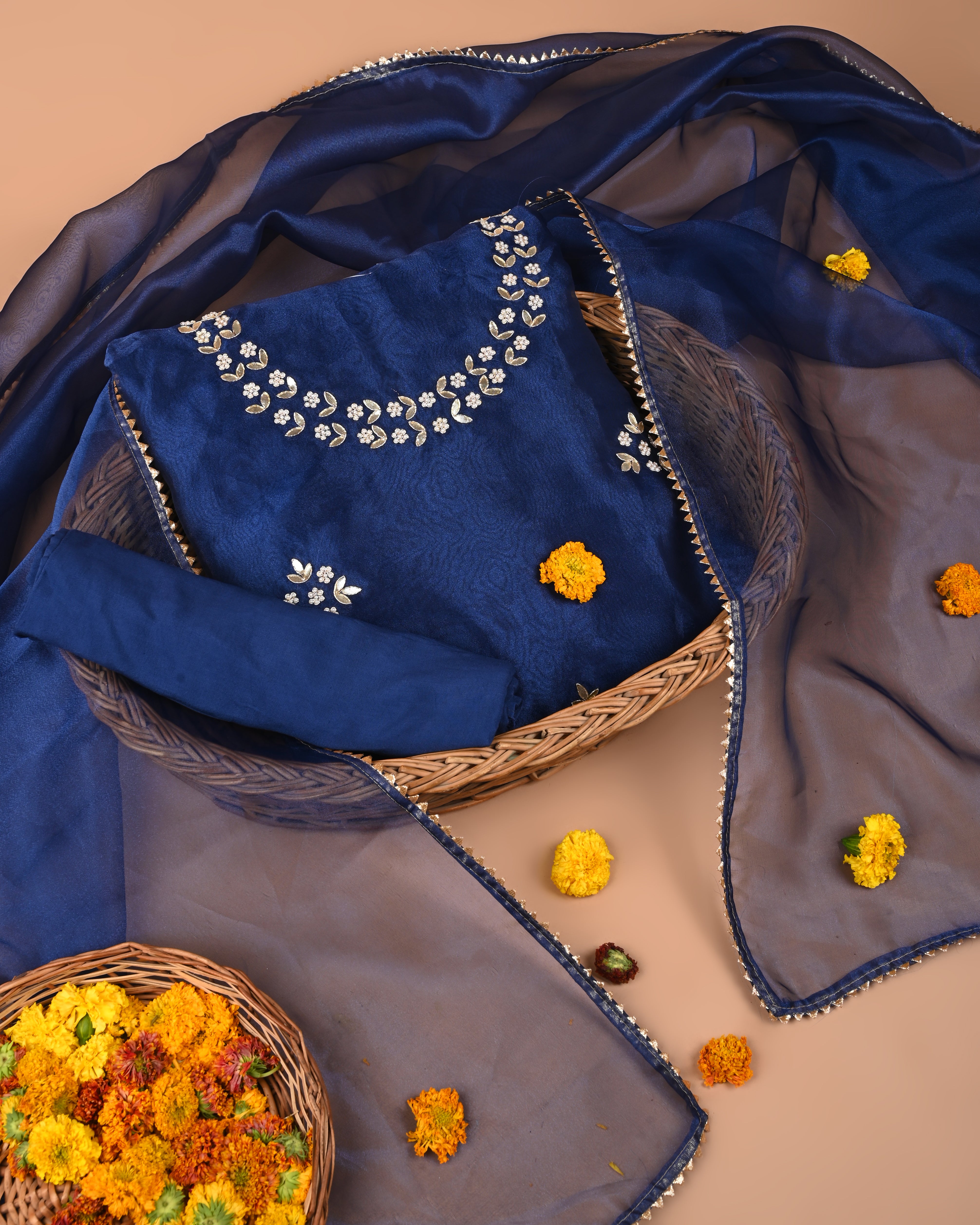 Berry Blue Bloom Unstitched Organza Tissue Suit Set with Gota Patti & Pearl Handwork