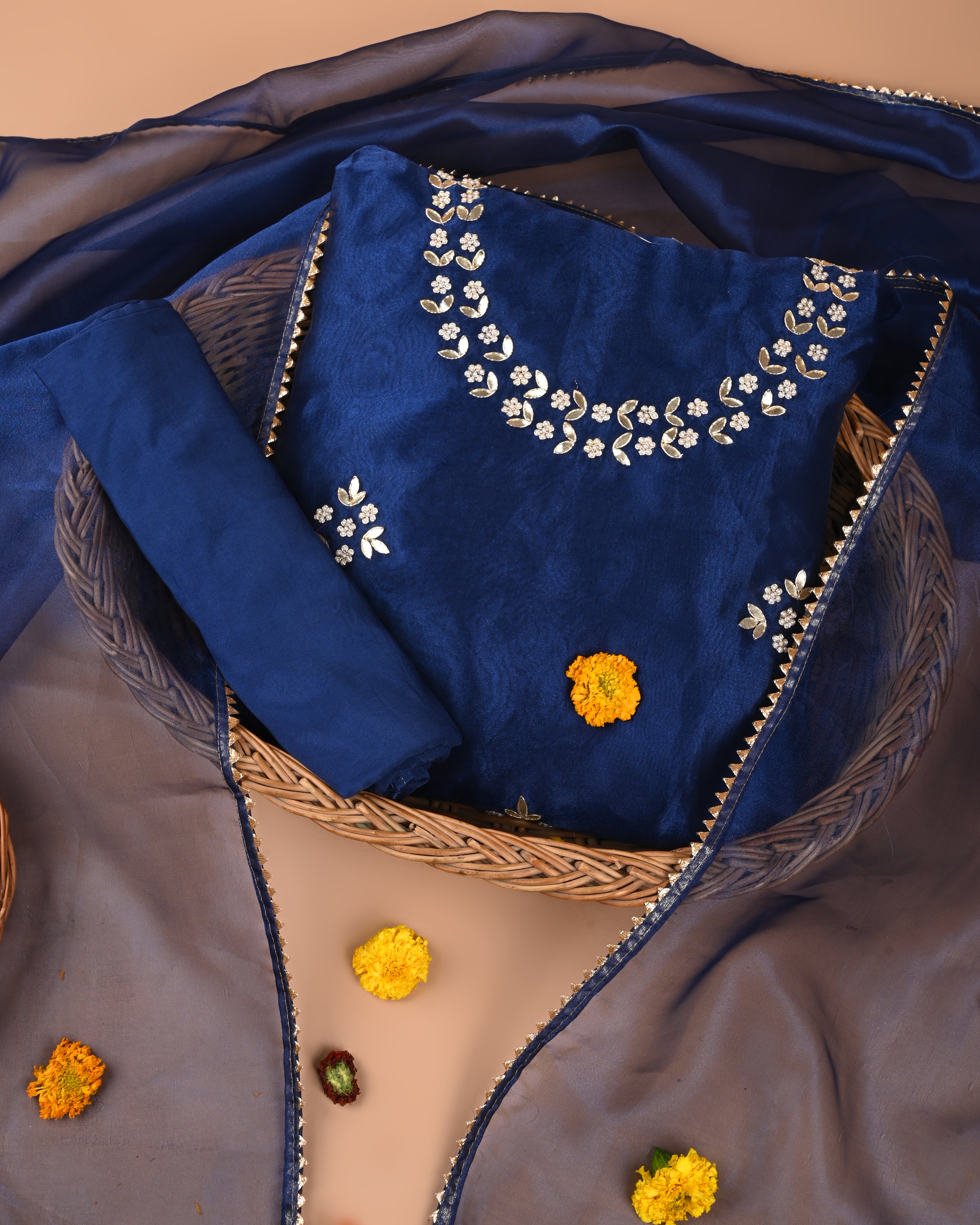 Berry Blue Bloom Unstitched Organza Tissue Suit Set with Gota Patti & Pearl Handwork