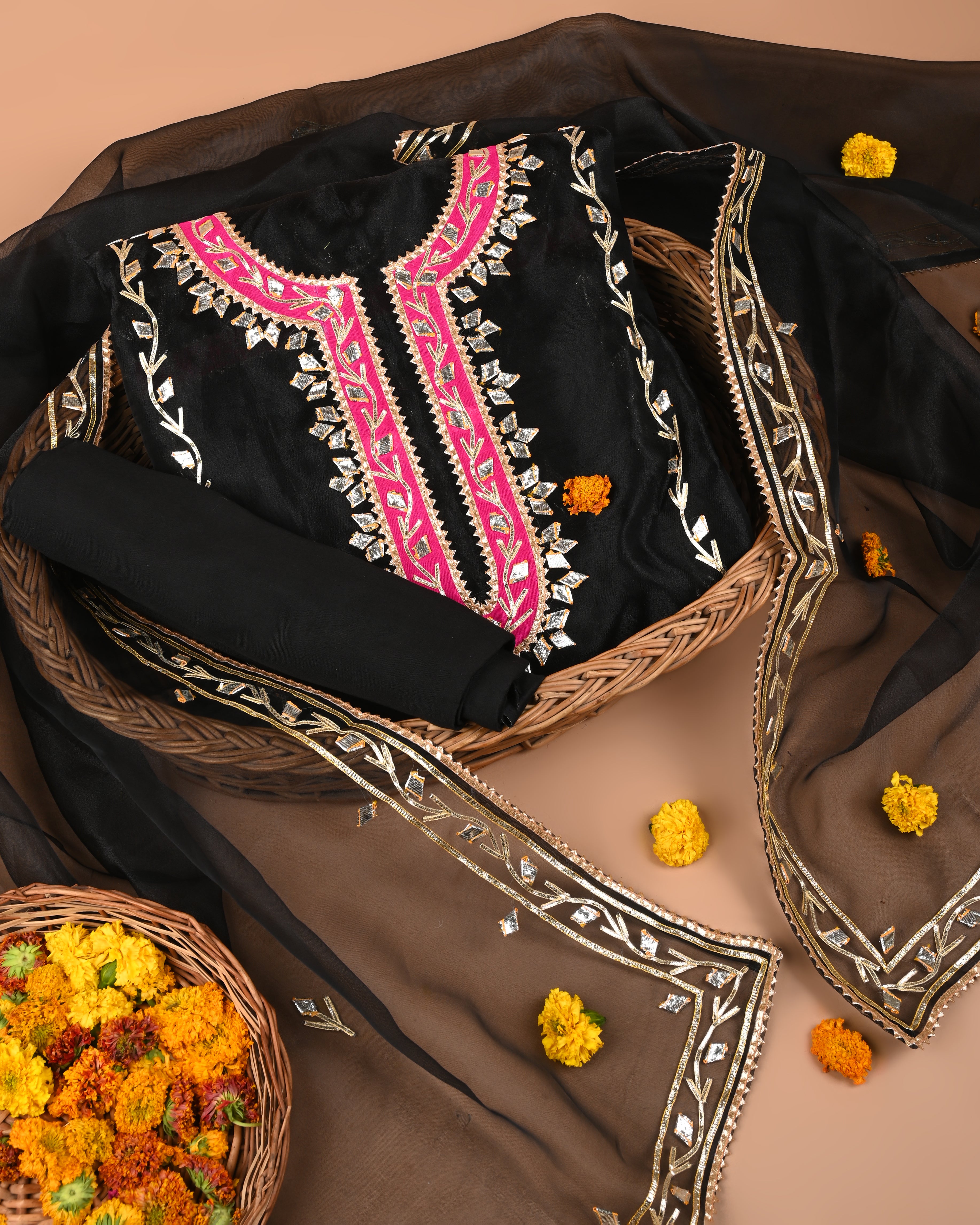 Noir Bloom Unstitched Black Organza Tissue Suit Set with Vibrant Gota Patti Embroidery