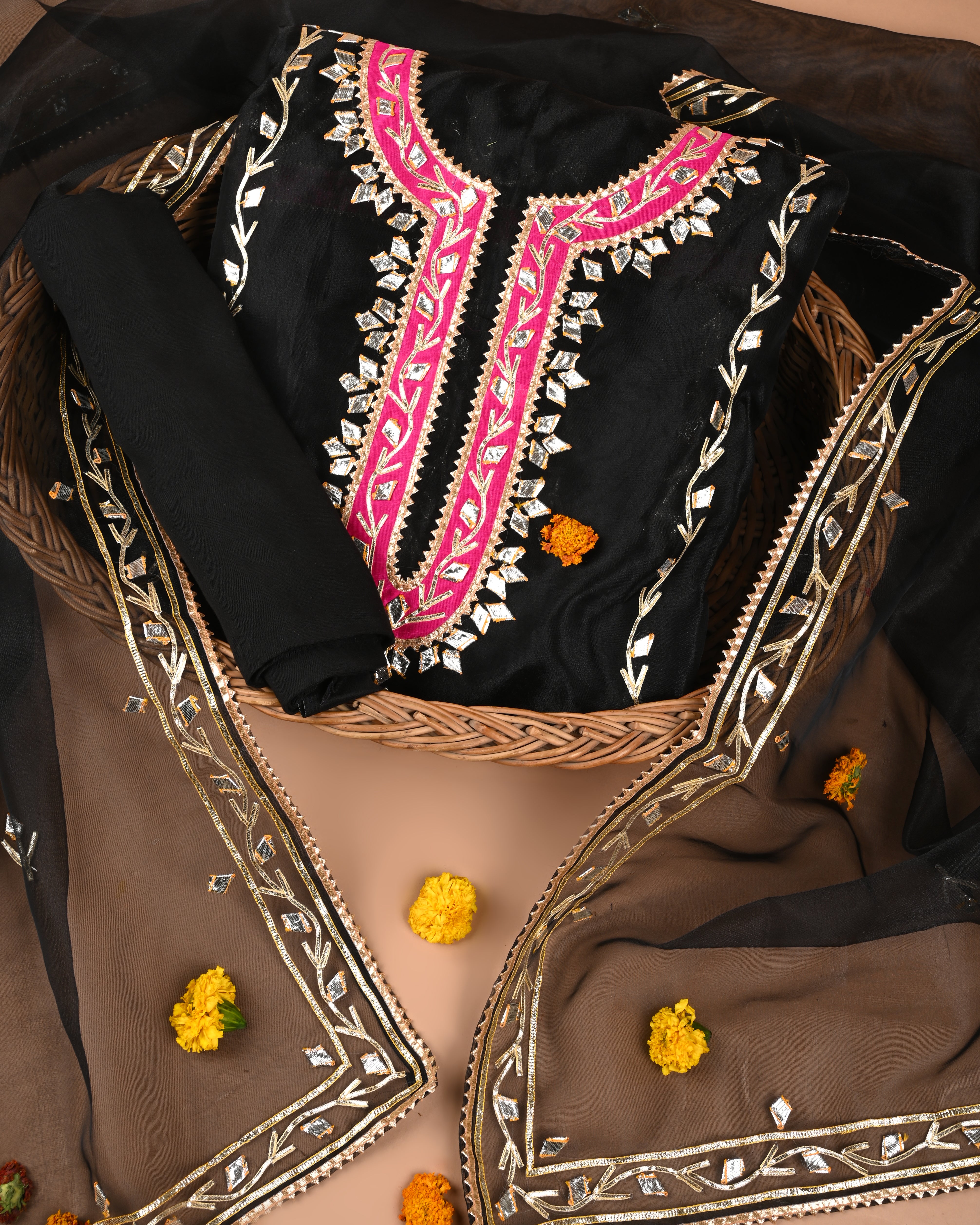 Noir Bloom Unstitched Black Organza Tissue Suit Set with Vibrant Gota Patti Embroidery