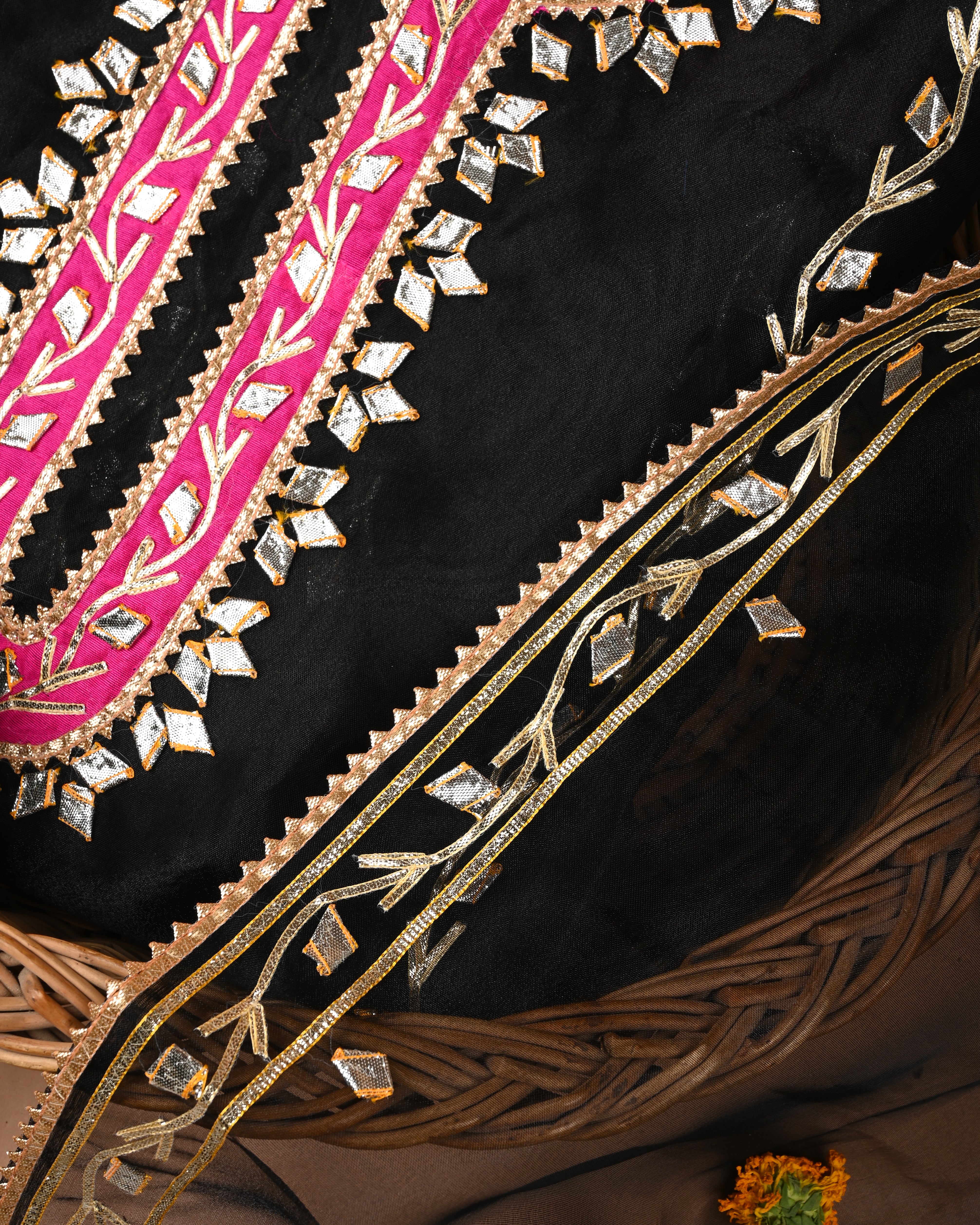 Noir Bloom Unstitched Black Organza Tissue Suit Set with Vibrant Gota Patti Embroidery