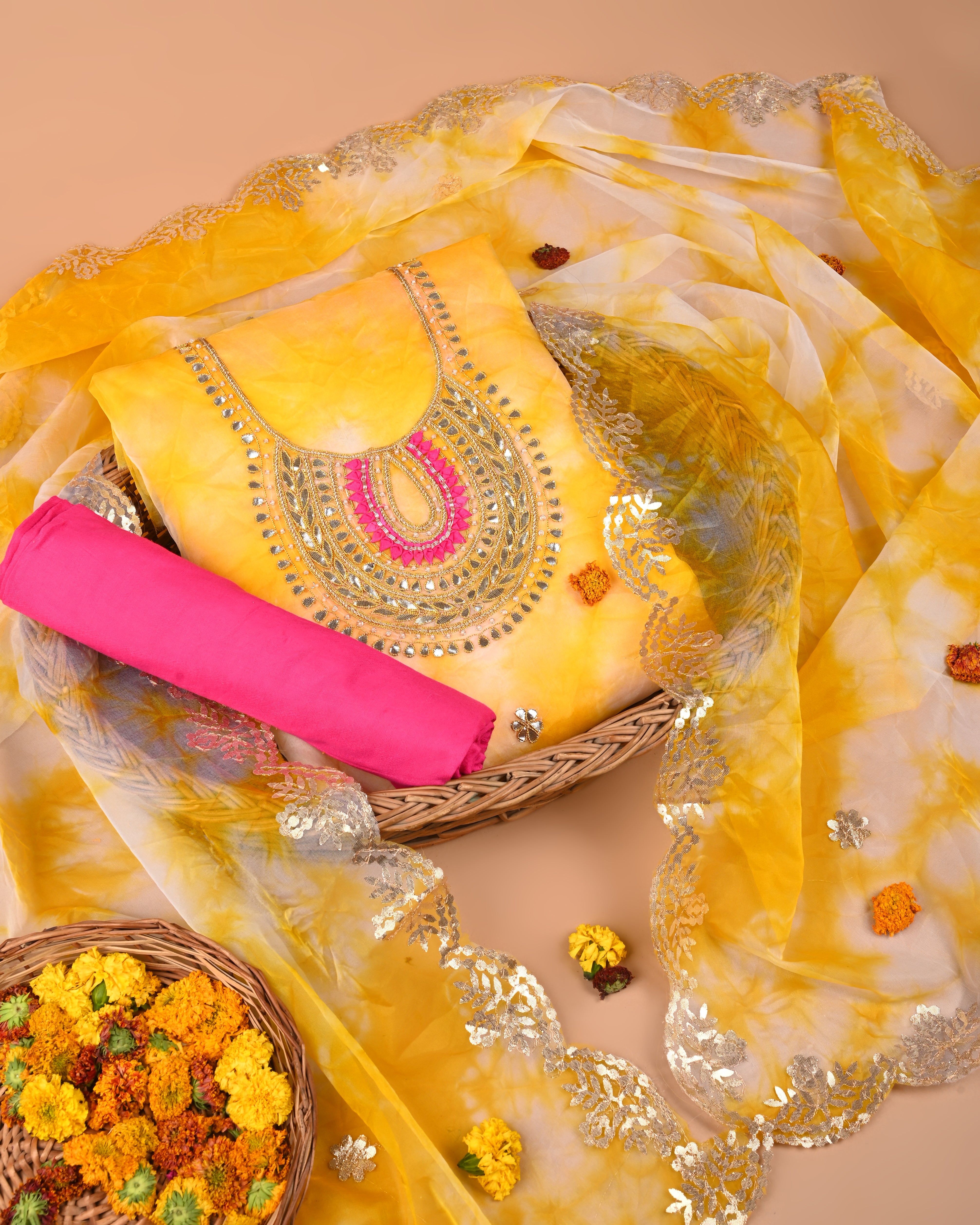 Sunlit Rani Unstitched Tie & Dye Organza Suit Set with Gota Patti & Rani Thread Embroidery