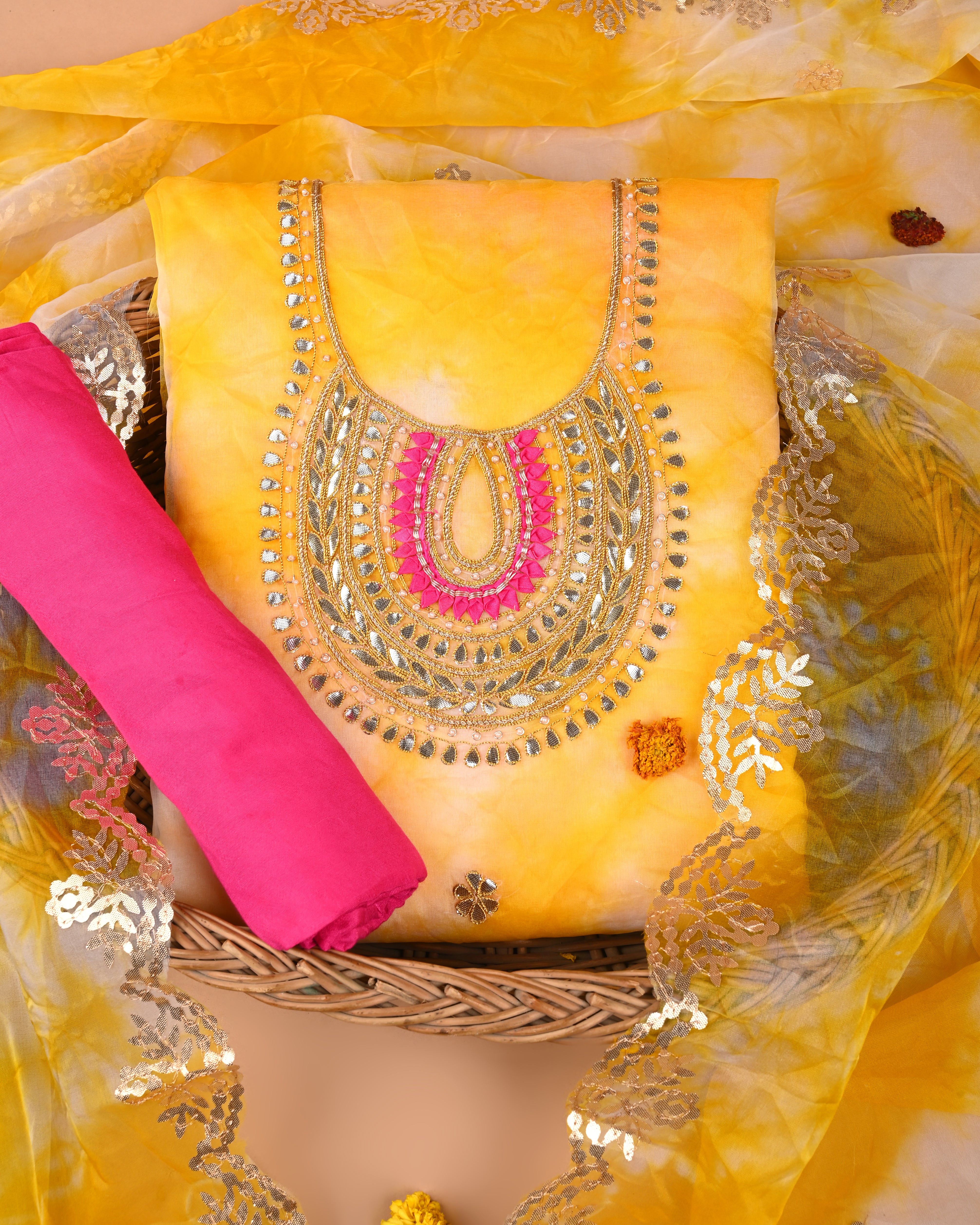 Sunlit Rani Unstitched Tie & Dye Organza Suit Set with Gota Patti & Rani Thread Embroidery