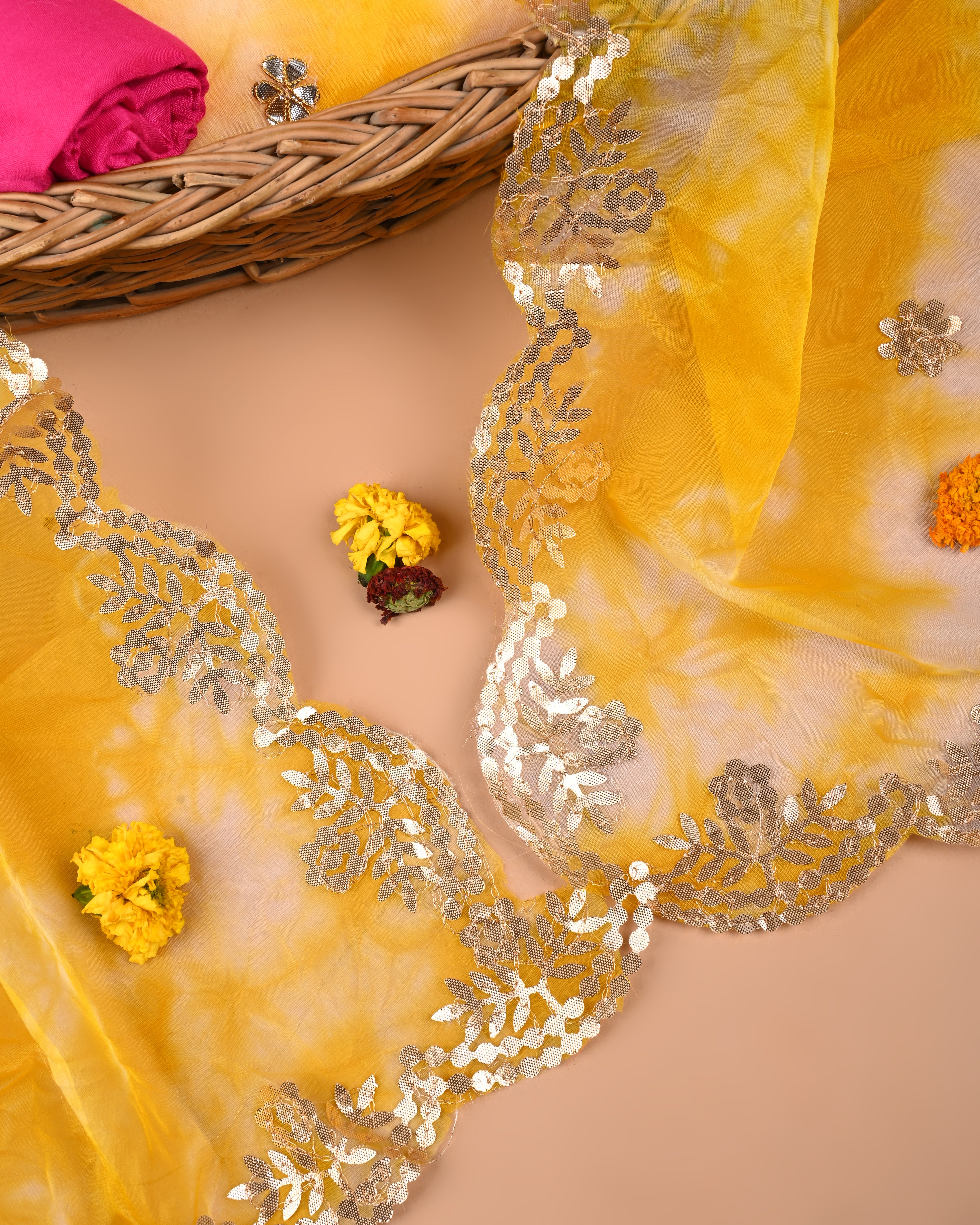 Sunlit Rani Unstitched Tie & Dye Organza Suit Set with Gota Patti & Rani Thread Embroidery