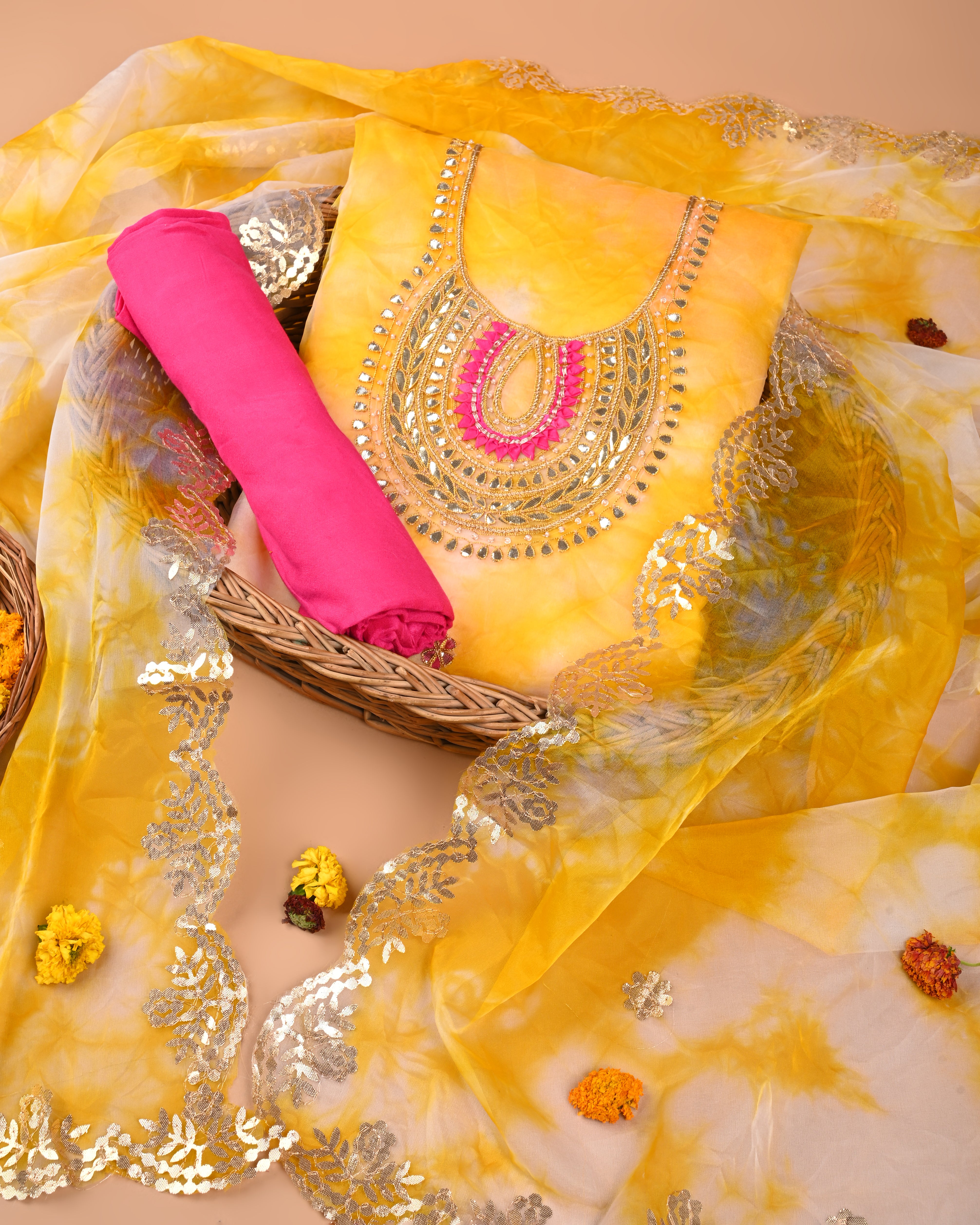 Sunlit Rani Unstitched Tie & Dye Organza Suit Set with Gota Patti & Rani Thread Embroidery