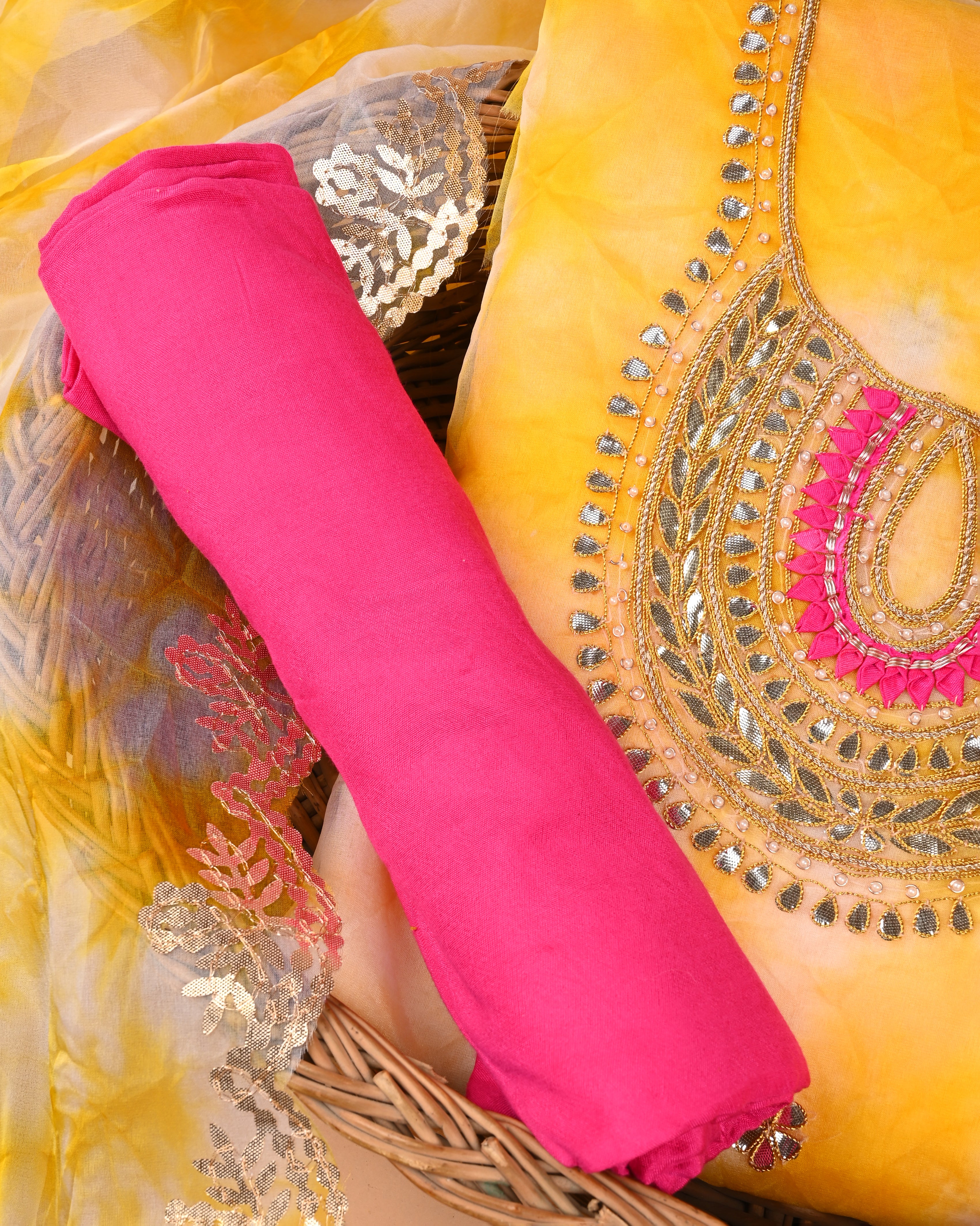 Sunlit Rani Unstitched Tie & Dye Organza Suit Set with Gota Patti & Rani Thread Embroidery