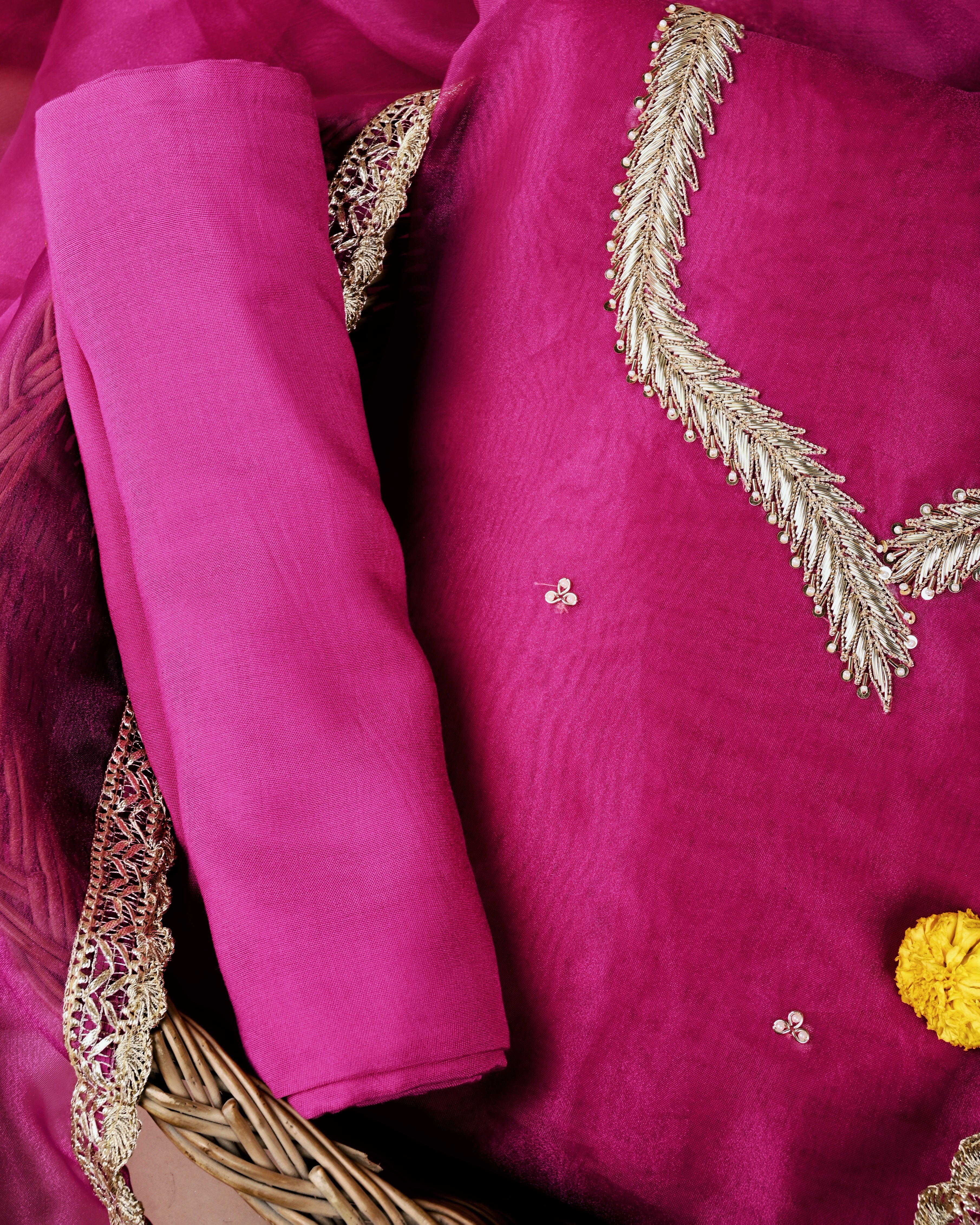 Rangroz Radiance Unstitched Hot Pink Organza Tissue Suit with Heavy Zardosi & Gota Patti Work