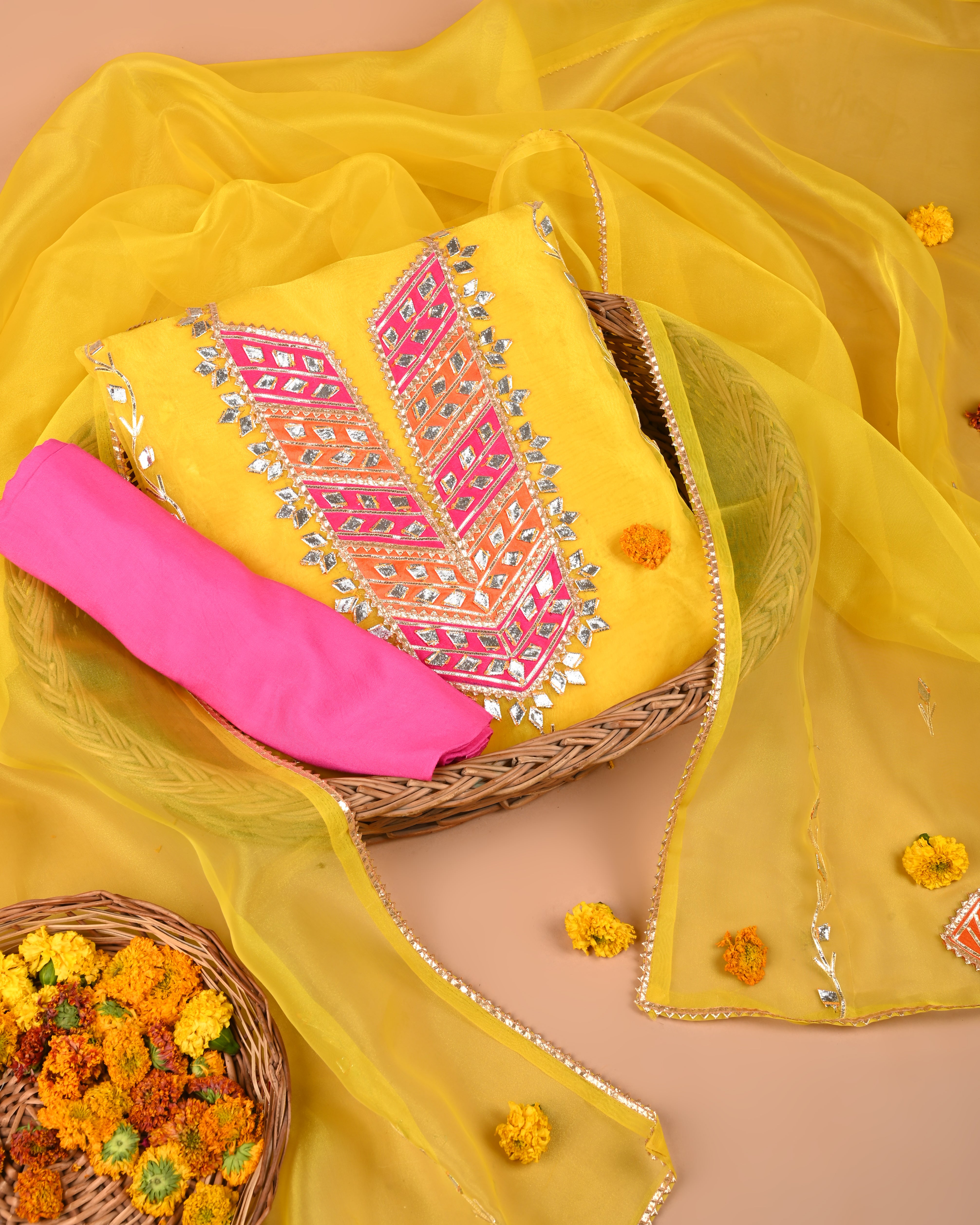 Macaroon Yellow & Rani Pink Unstitched Organza Tissue Suit with Opulent Gota Patti Embroidery
