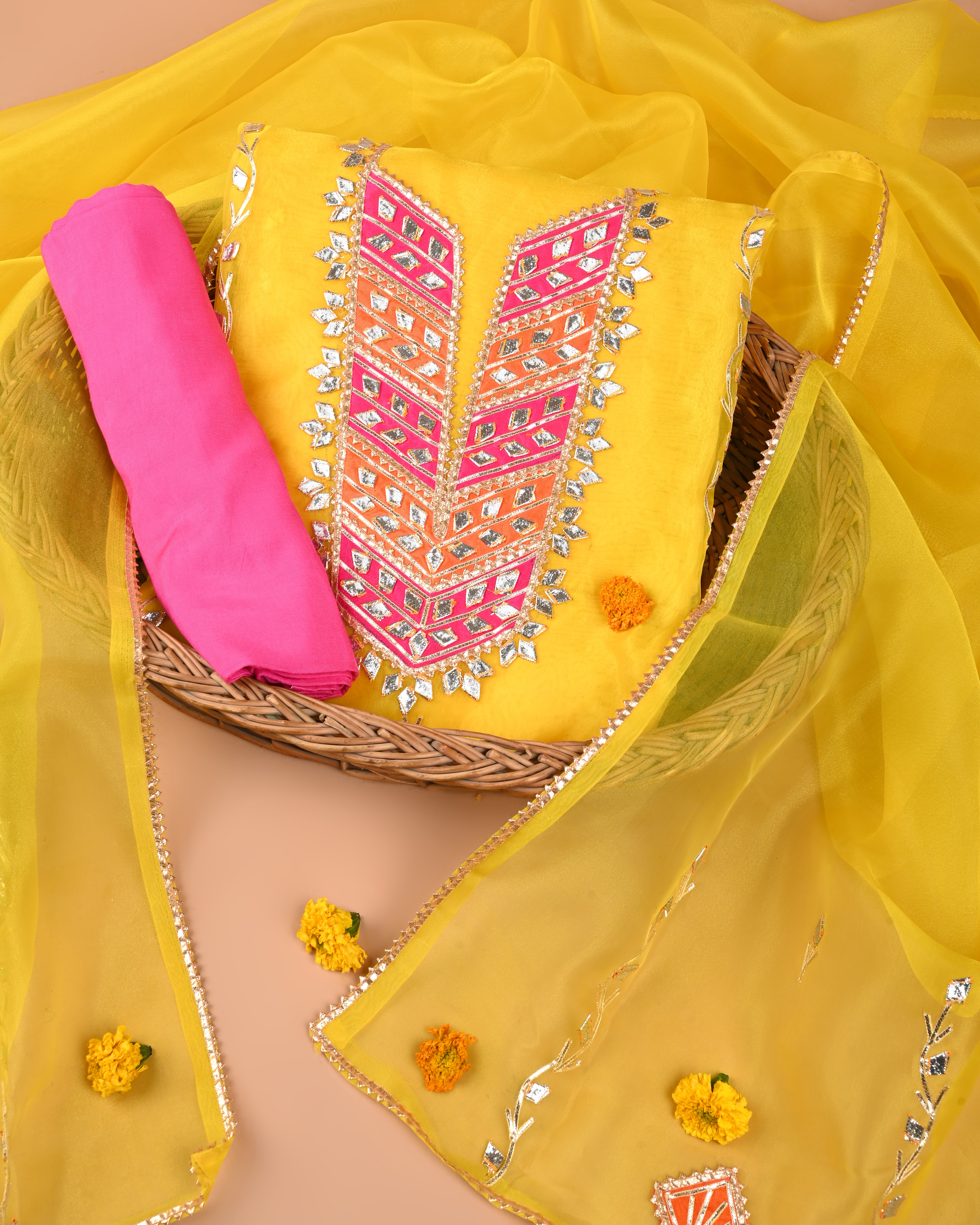 Macaroon Yellow & Rani Pink Unstitched Organza Tissue Suit with Opulent Gota Patti Embroidery