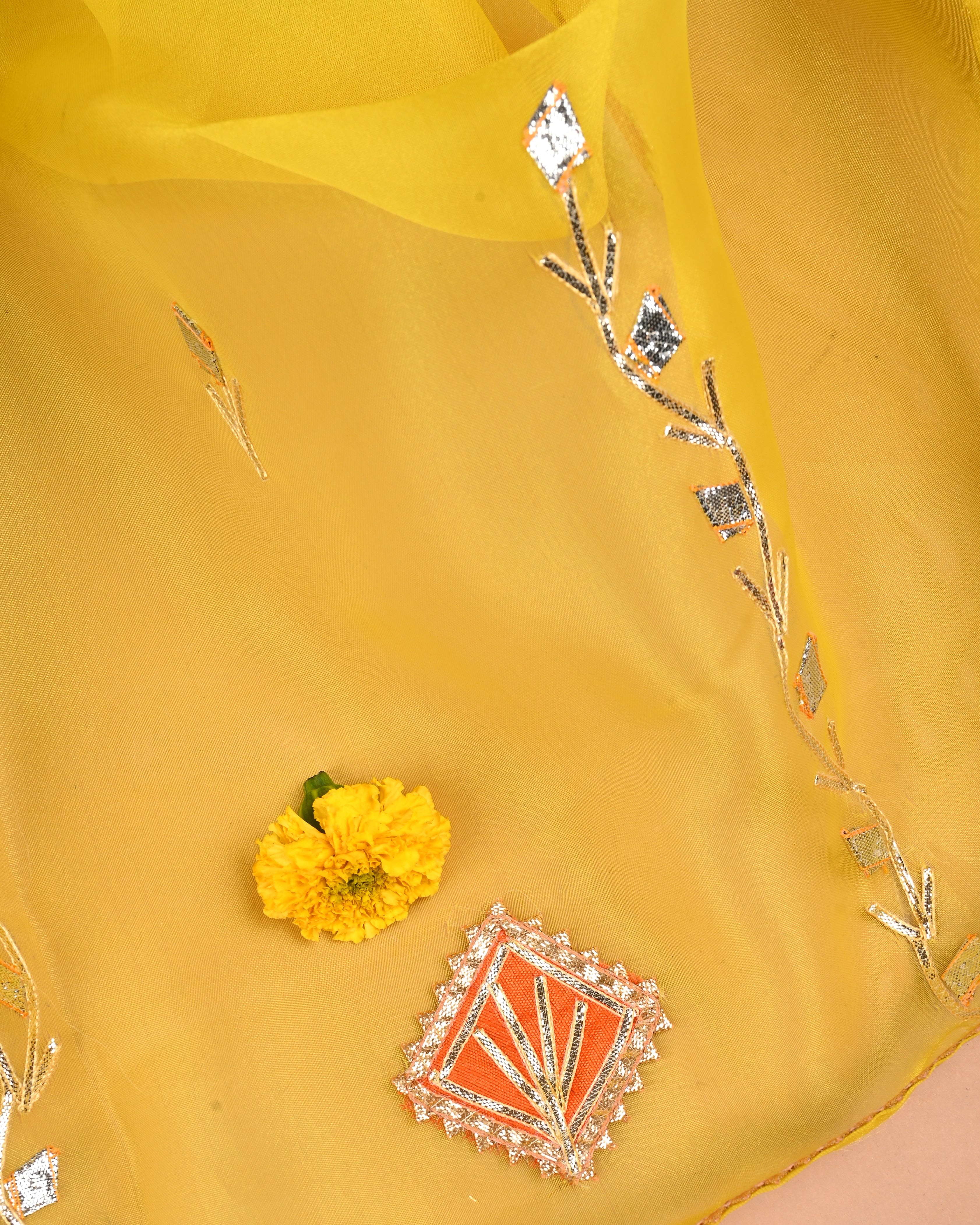 Macaroon Yellow & Rani Pink Unstitched Organza Tissue Suit with Opulent Gota Patti Embroidery