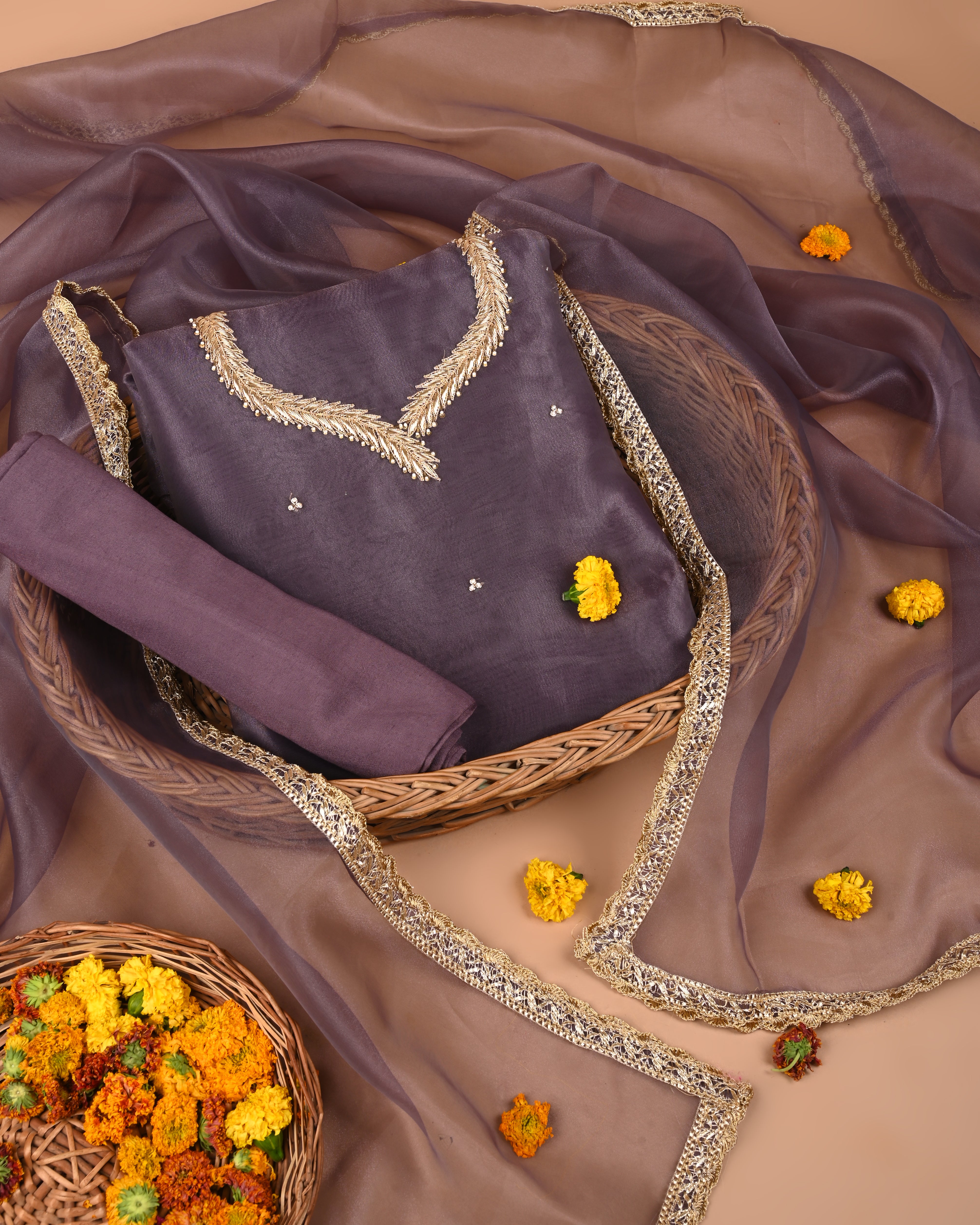 Royal Lavender Unstitched Organza Tissue Suit with Heavy Zardosi & Gota Patti Work