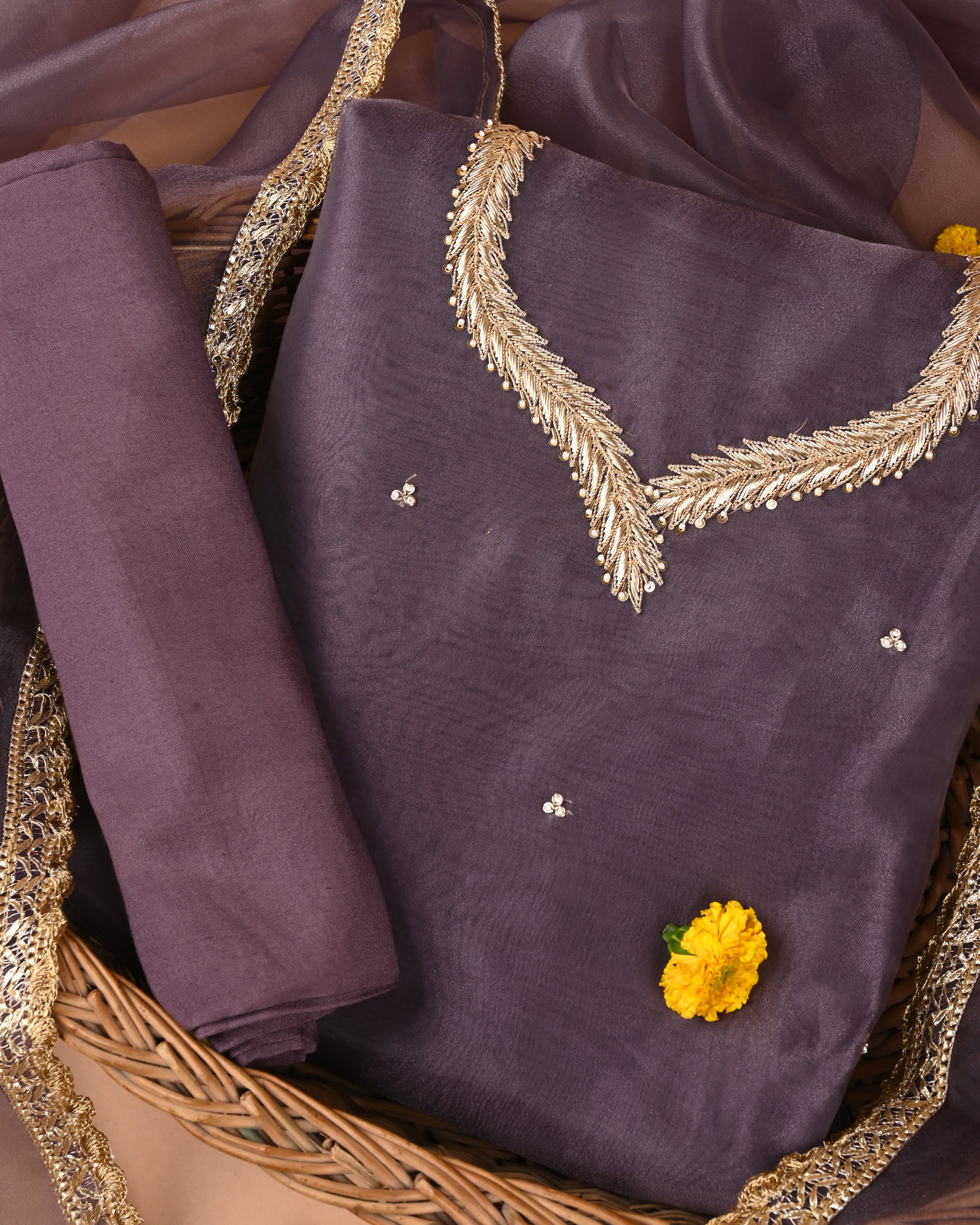 Royal Lavender Unstitched Organza Tissue Suit with Heavy Zardosi & Gota Patti Work