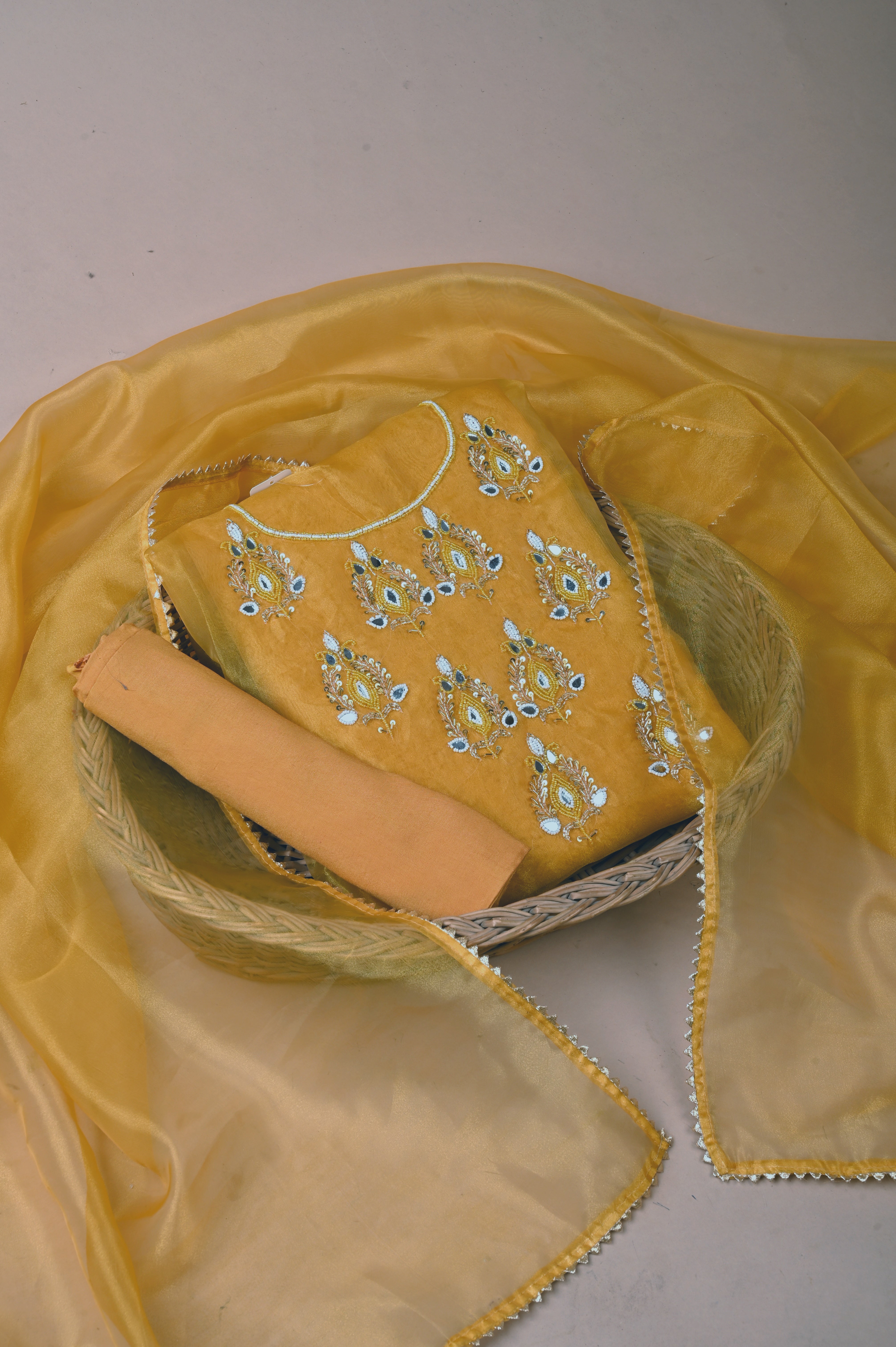 Biscotti Mustard Heritage Glow Unstitched Suit Set in Organza Tissue Silk