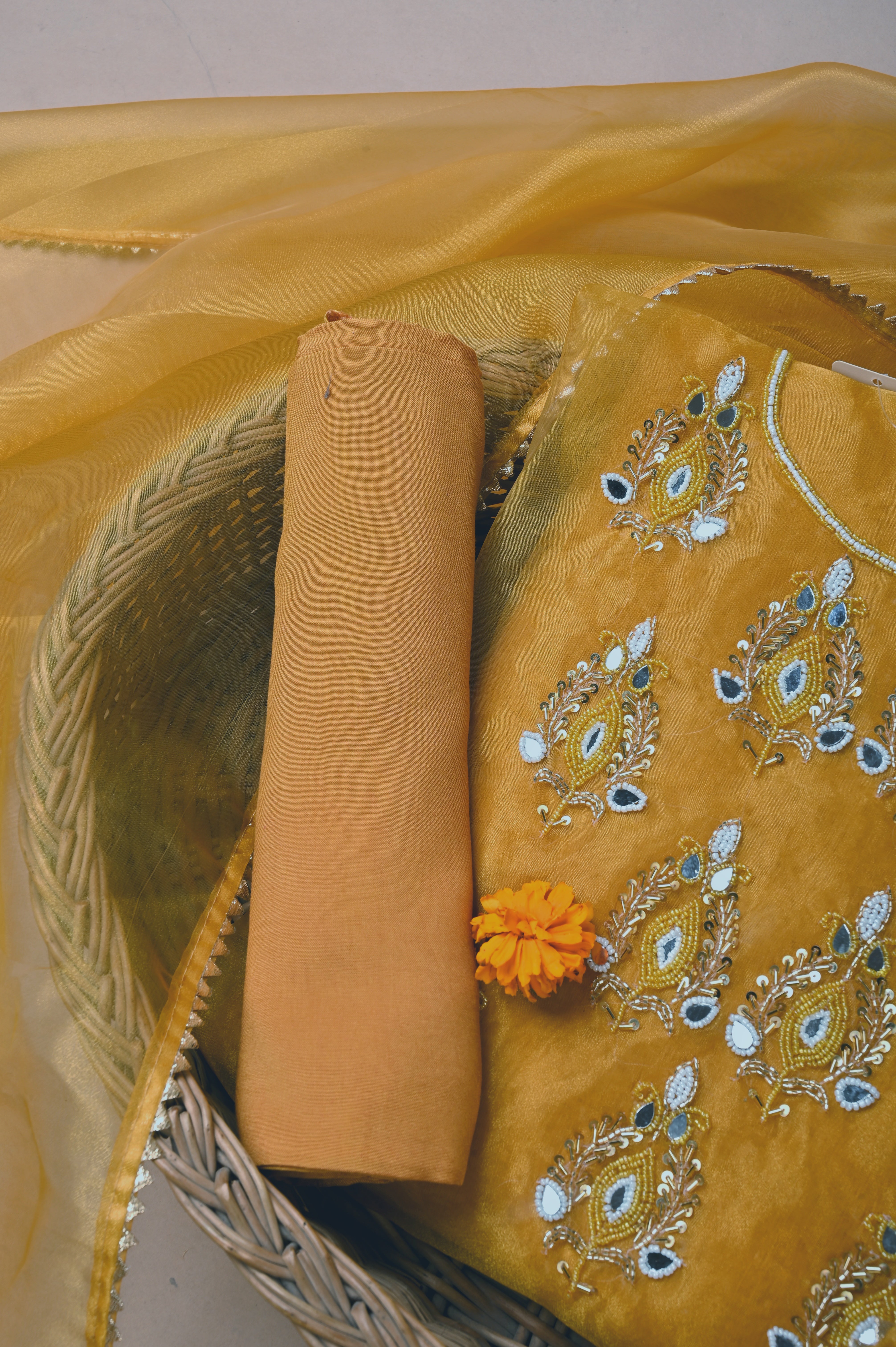 Biscotti Mustard Heritage Glow Unstitched Suit Set in Organza Tissue Silk