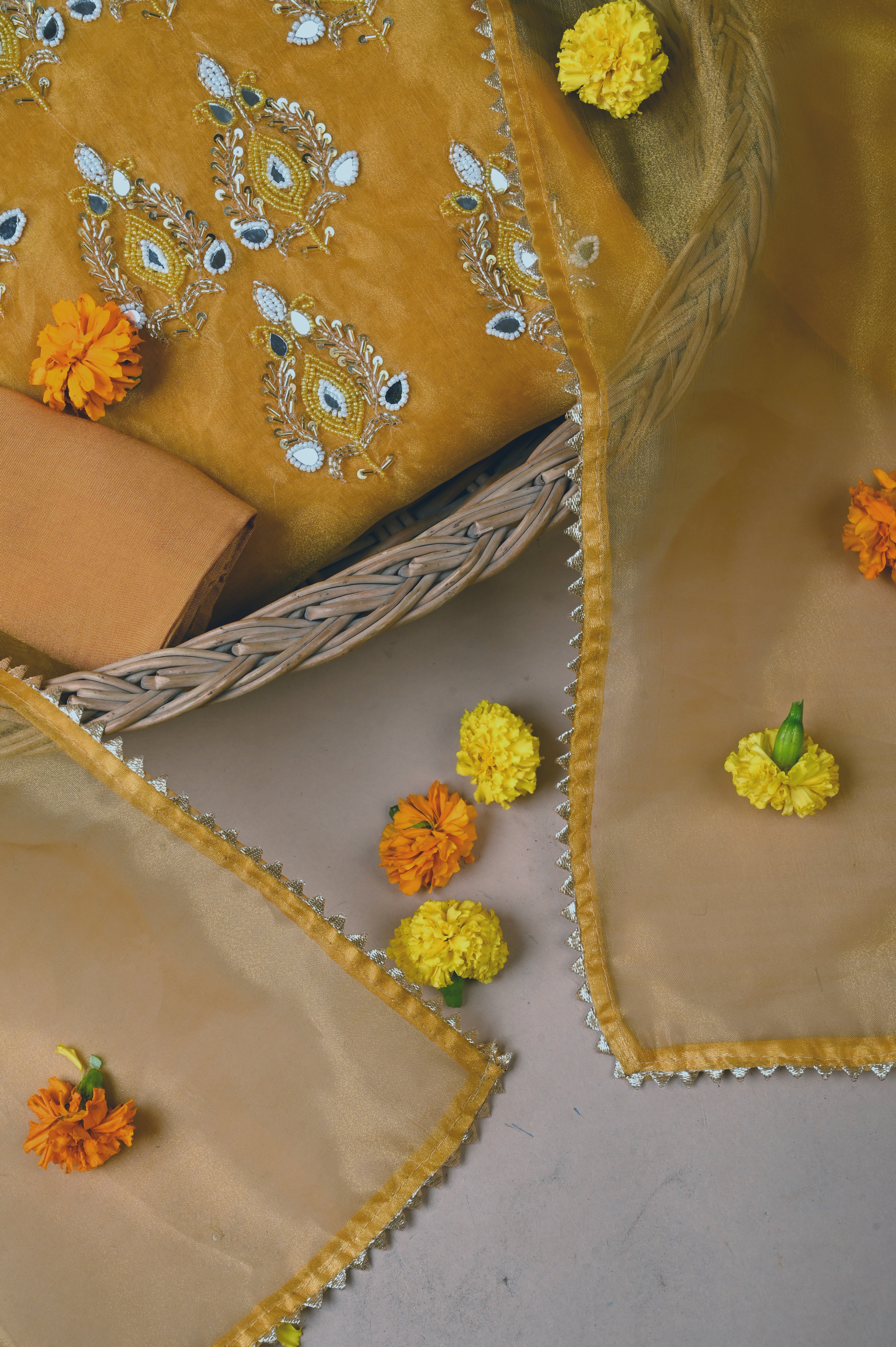 Biscotti Mustard Heritage Glow Unstitched Suit Set in Organza Tissue Silk