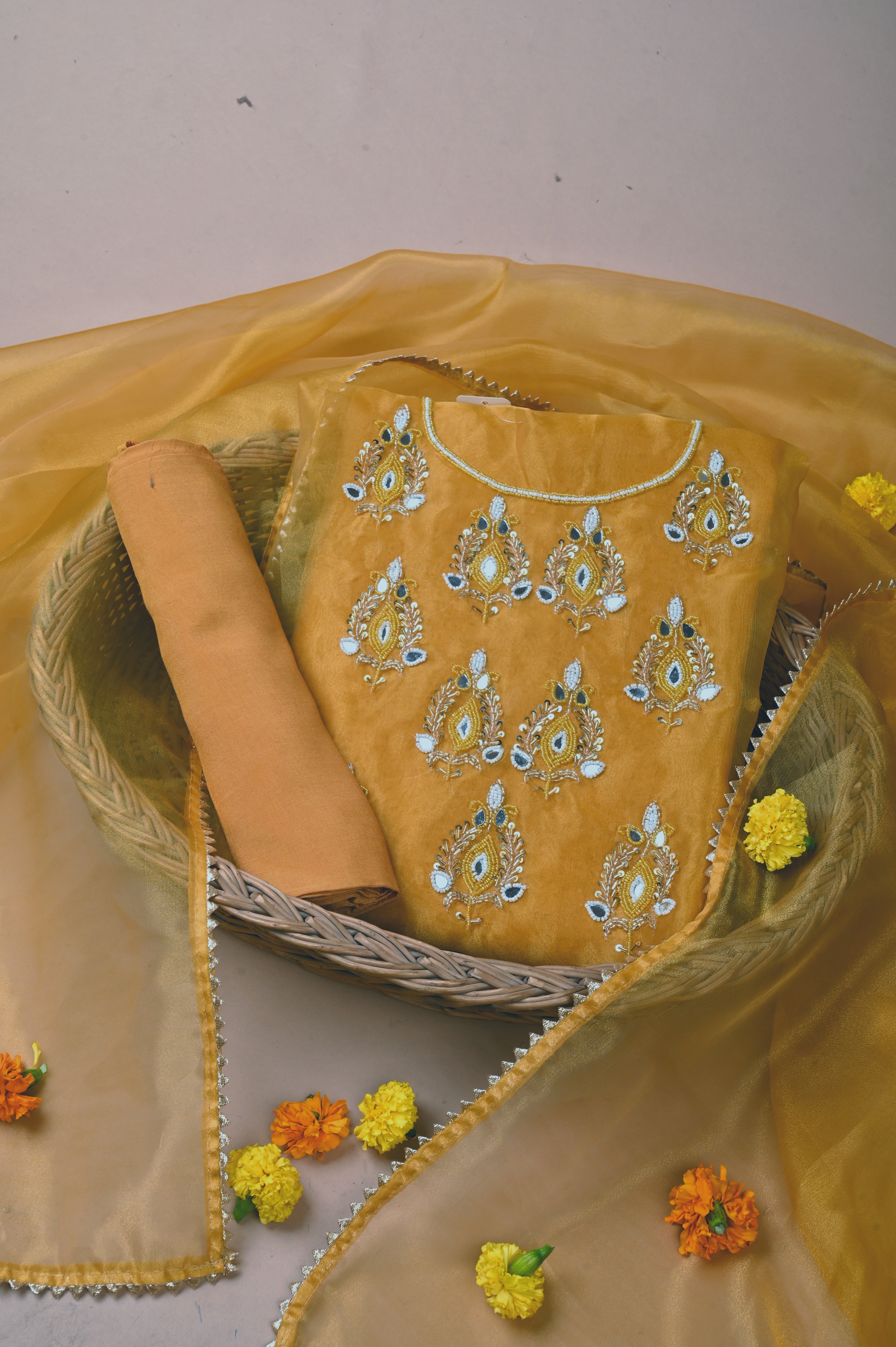 Biscotti Mustard Heritage Glow Unstitched Suit Set in Organza Tissue Silk