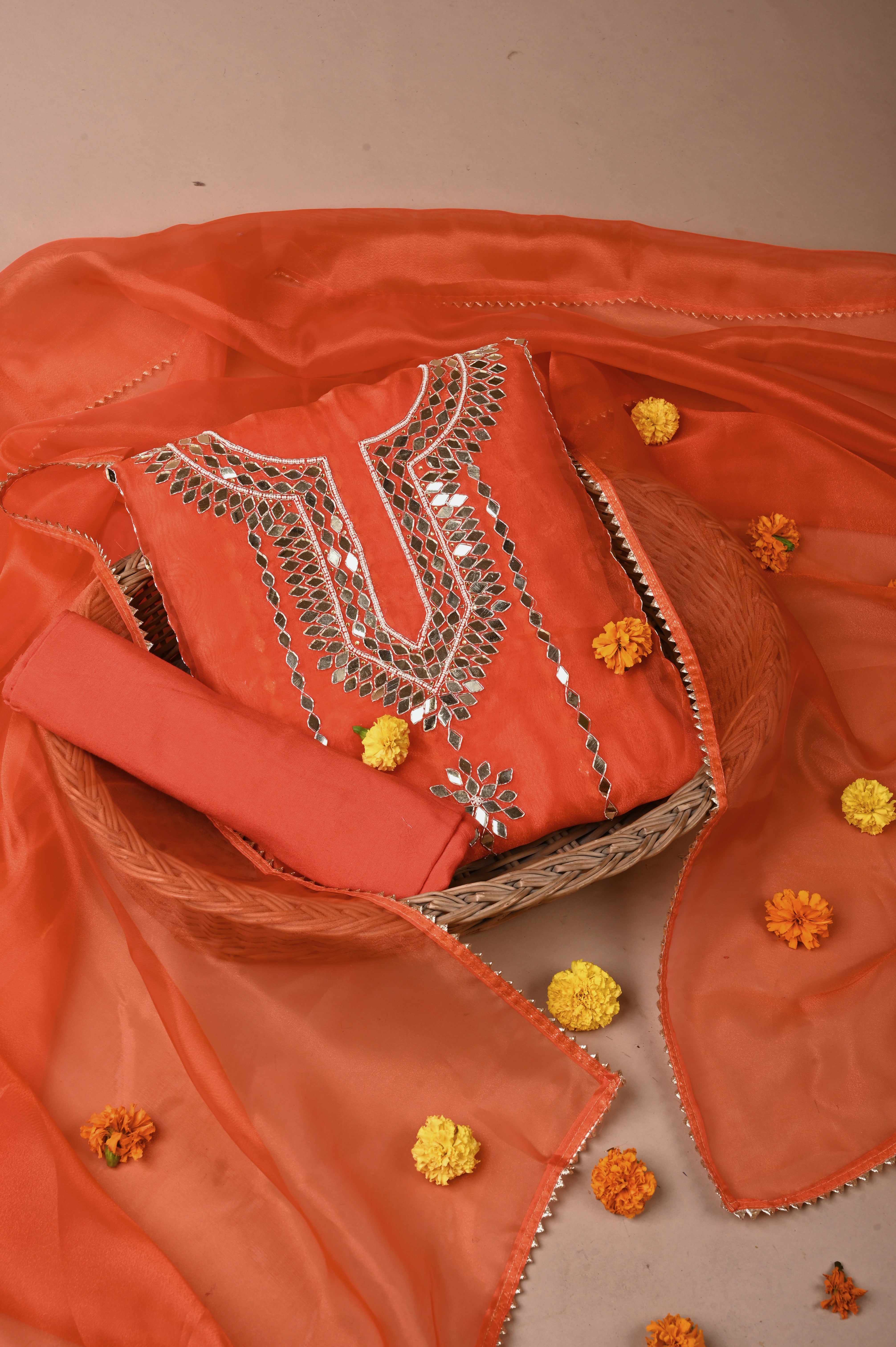 Fire Orange Mirror Muse Unstitched Wedding Suit Set in Premium Organza Tissue