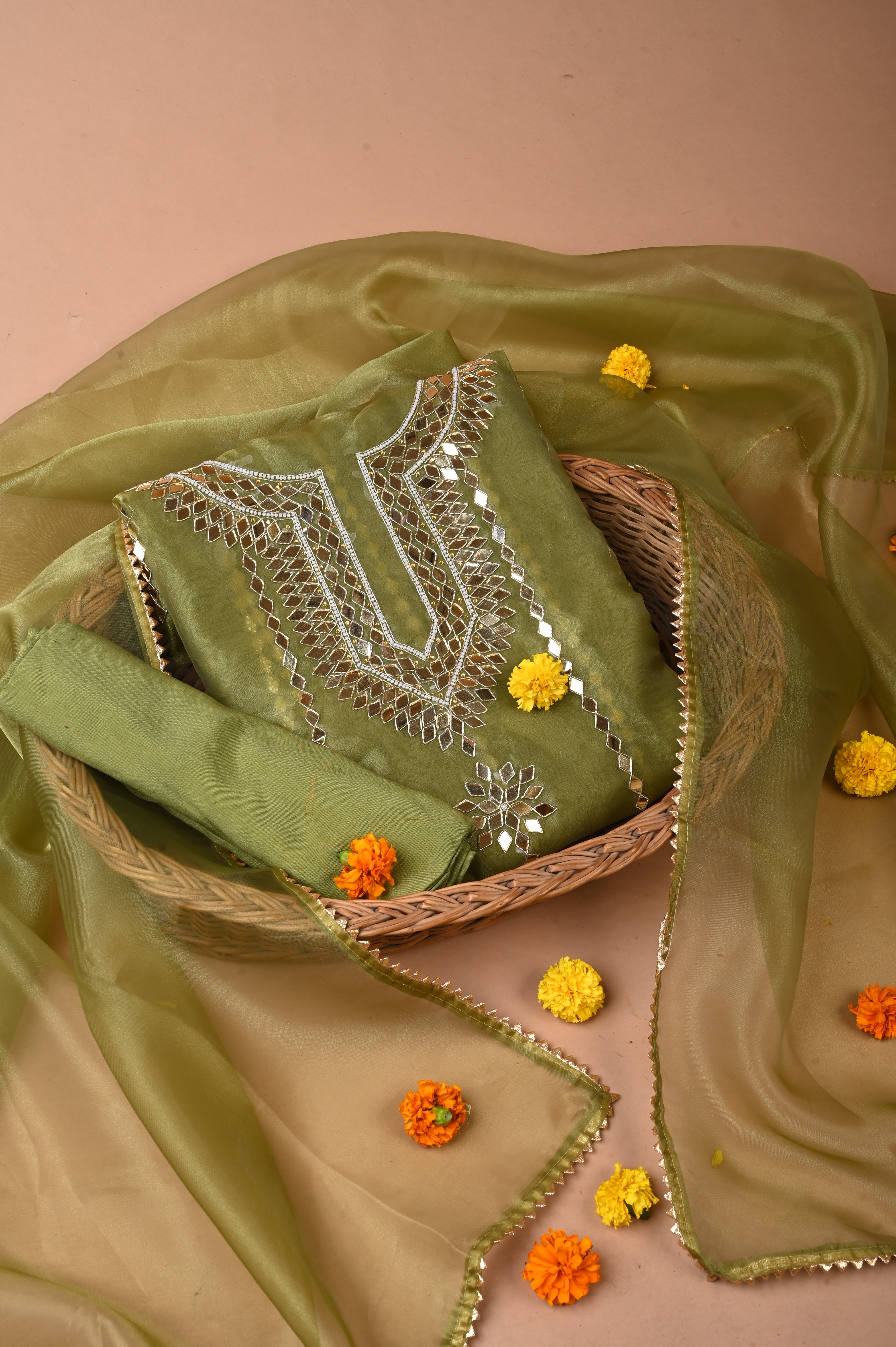 Moss Green Mirror Luxe Unstitched Wedding Suit Set in Premium Organza Tissue