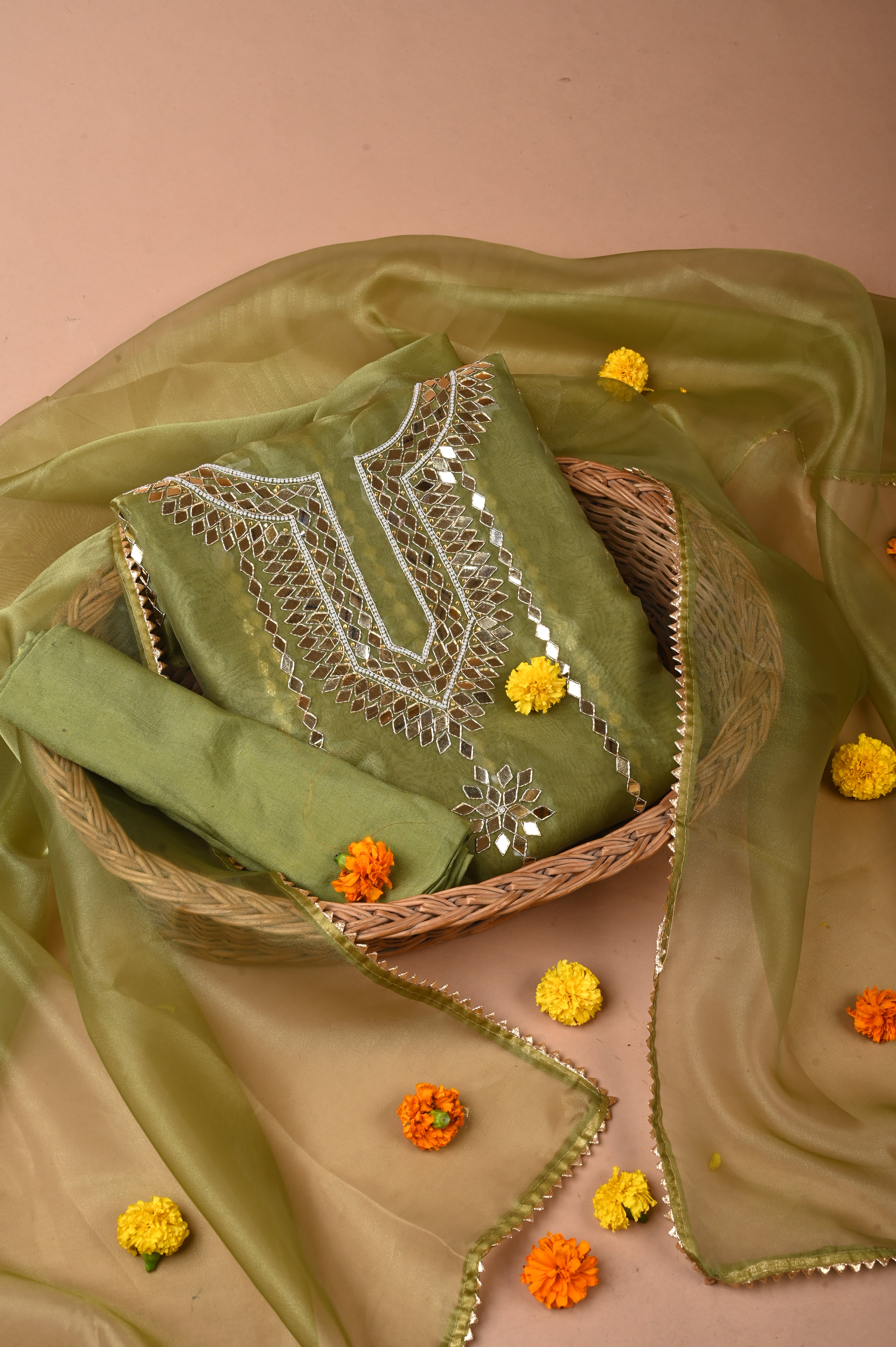 Moss Green Mirror Luxe Unstitched Wedding Suit Set in Premium Organza Tissue