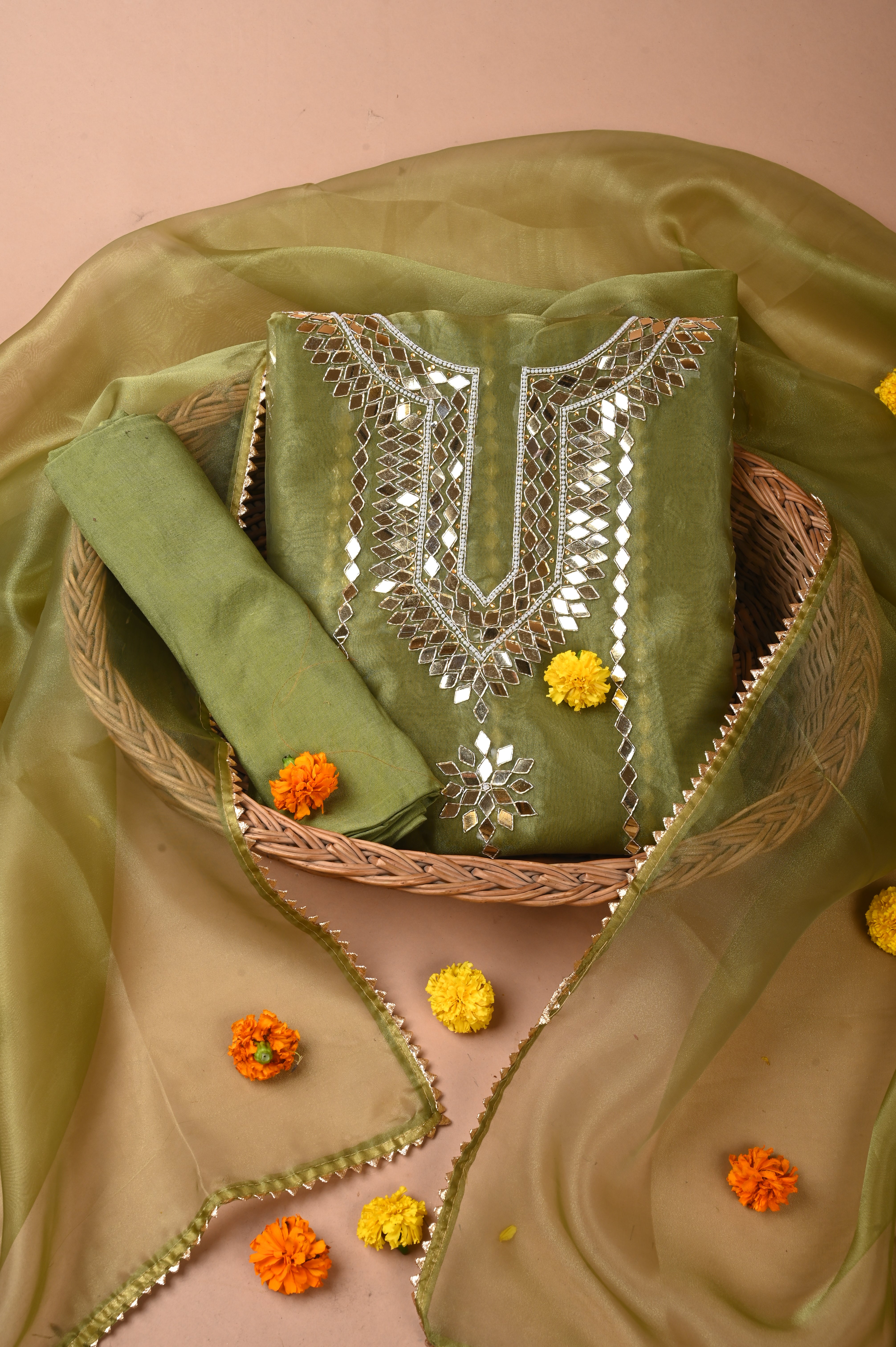 Moss Green Mirror Luxe Unstitched Wedding Suit Set in Premium Organza Tissue