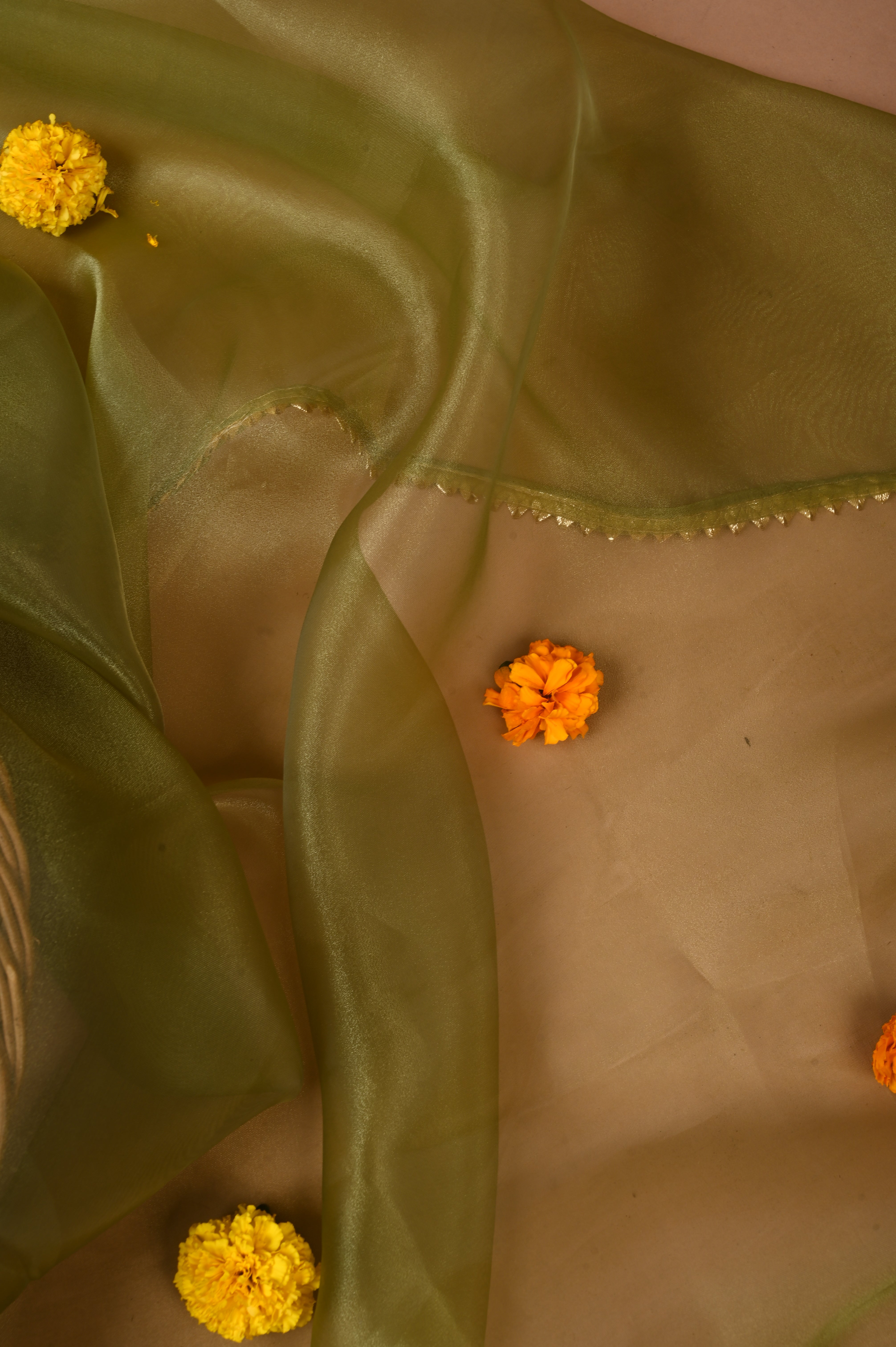 Moss Green Mirror Luxe Unstitched Wedding Suit Set in Premium Organza Tissue