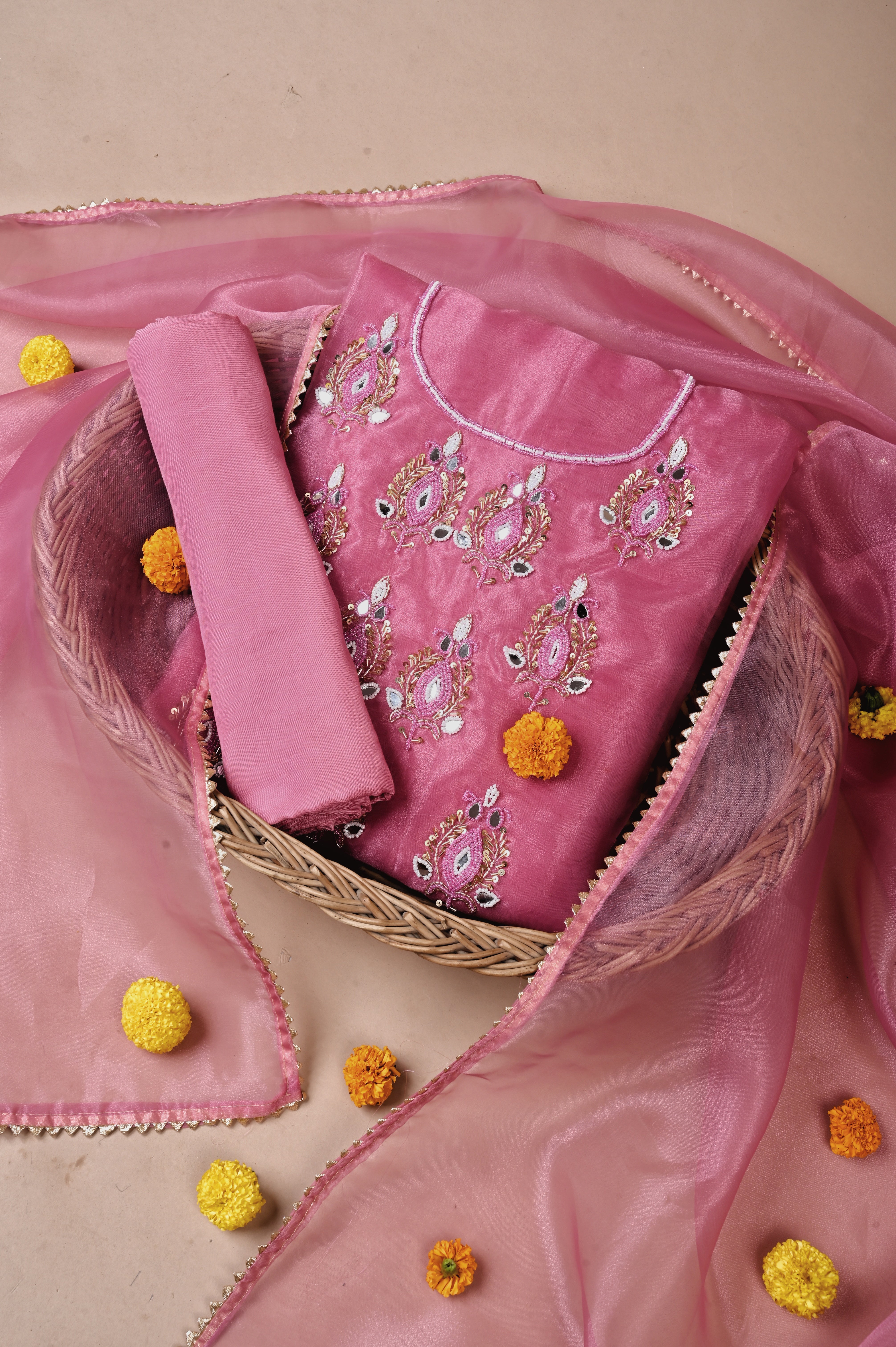 Rouge Pink Royal Radiance Unstitched Suit Set in Organza Tissue Silk