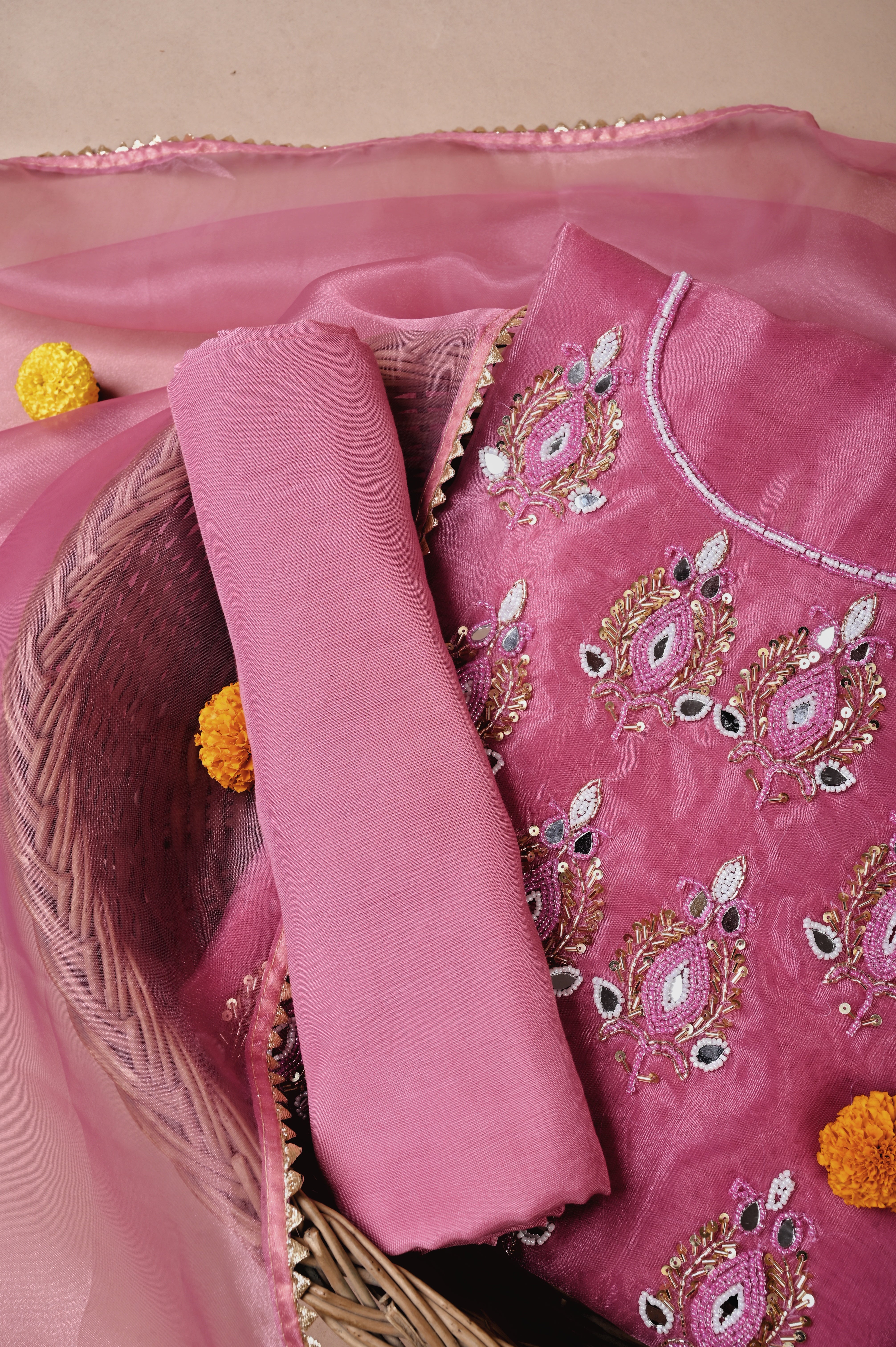 Rouge Pink Royal Radiance Unstitched Suit Set in Organza Tissue Silk