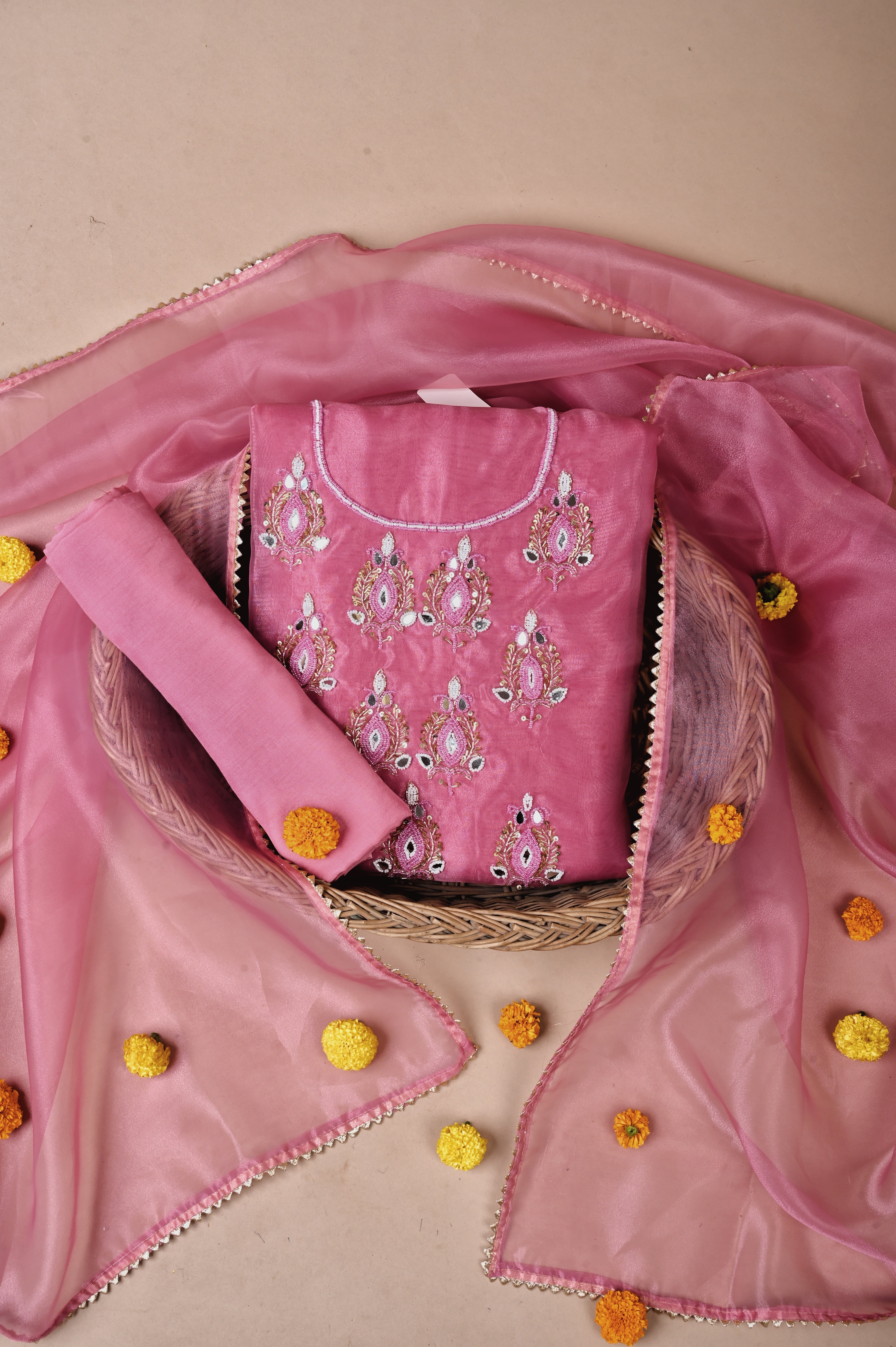 Rouge Pink Royal Radiance Unstitched Suit Set in Organza Tissue Silk