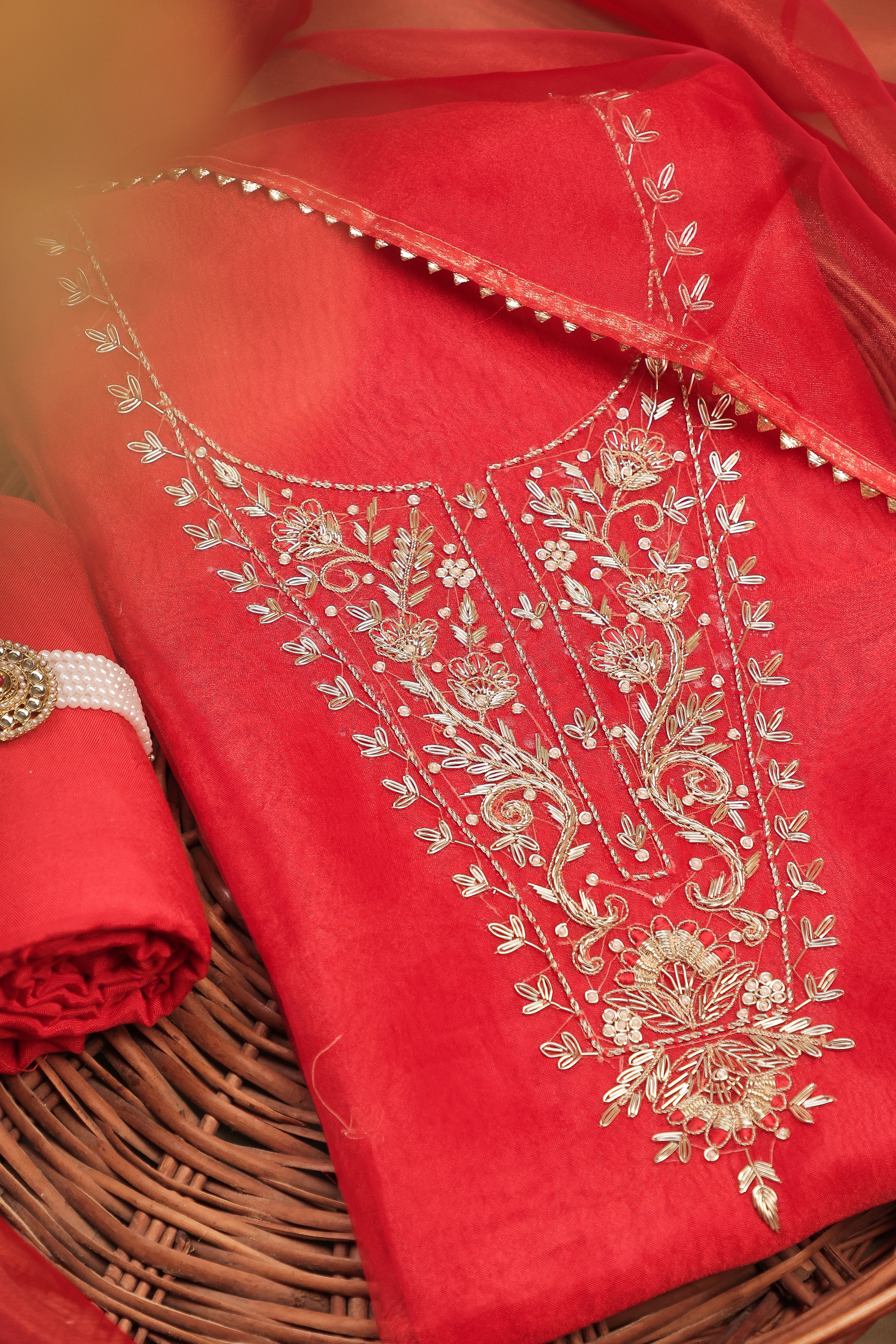 Crimson Red Unstitch Suit with Handcrafted Heavy Zardozi Work