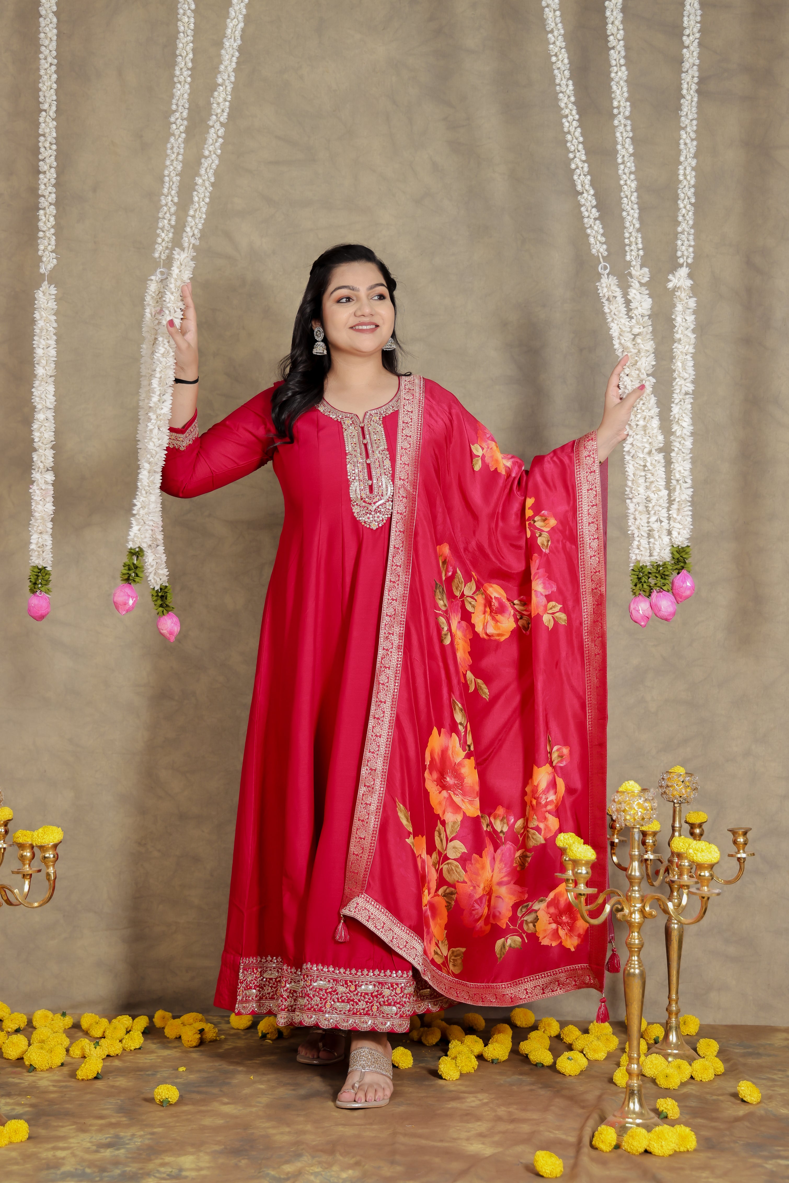 Cherry Red Raw Silk Enrobe Set with Dupatta