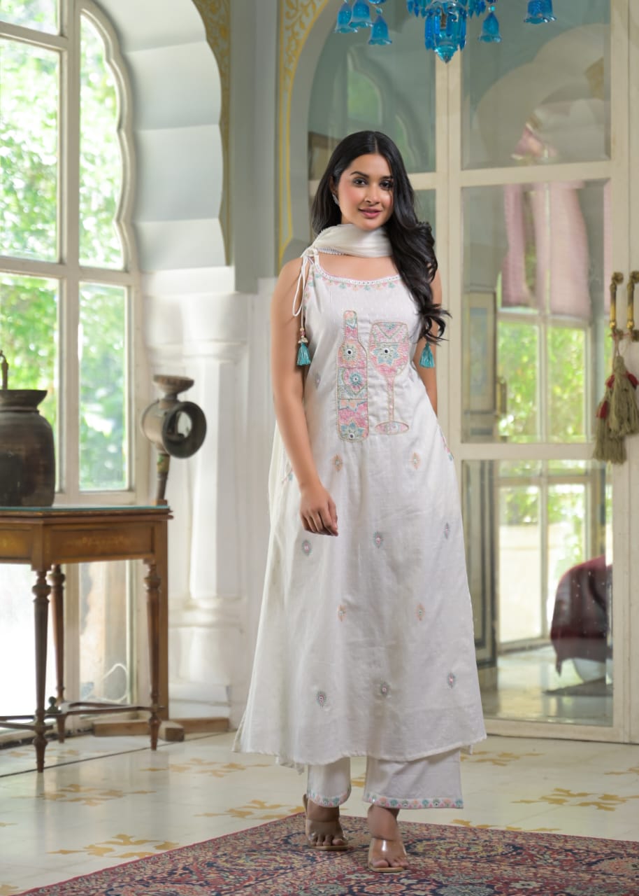 White Smoke Cotton Mulmul Spaghetti Dress Set with Wine Motif Embroidery 🍷