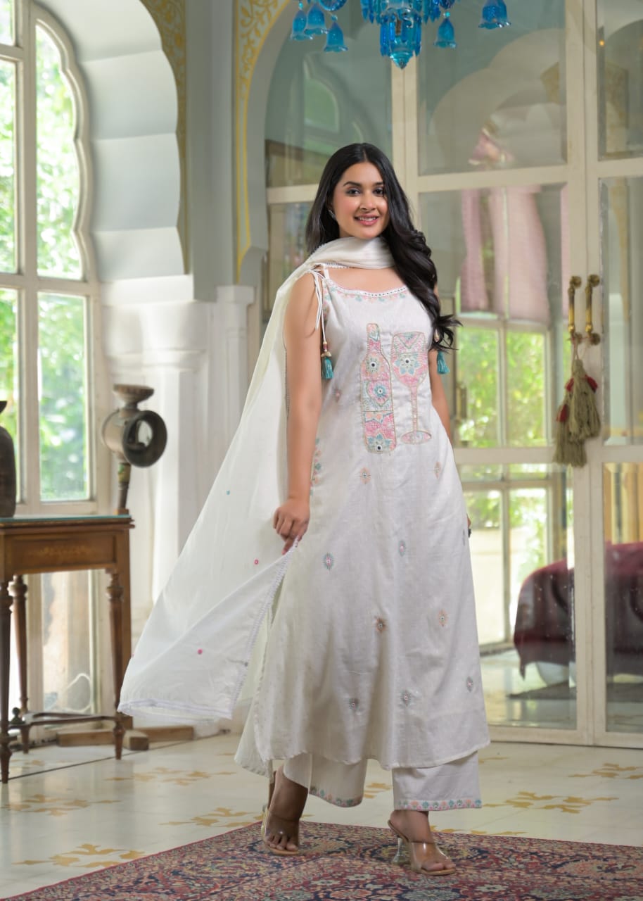 White Smoke Cotton Mulmul Spaghetti Dress Set with Wine Motif Embroidery 🍷