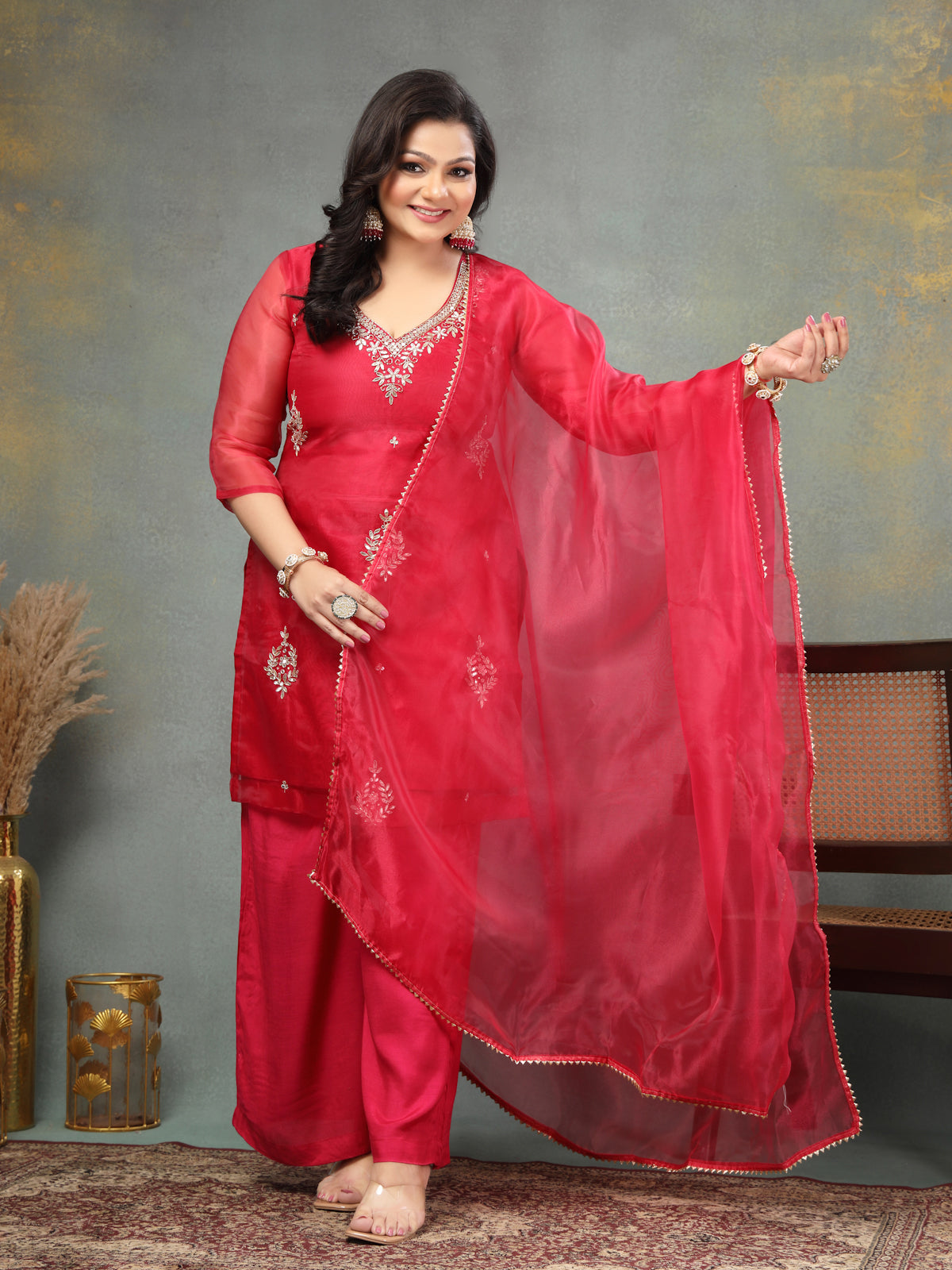 Rich Ruby Red Unstitched Organza Tissue Suit Set with Mirror & Pearl Work