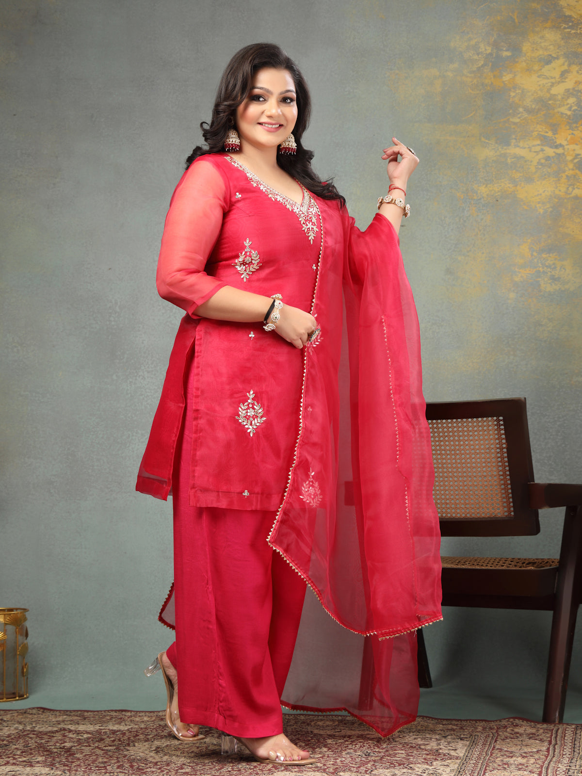 Rich Ruby Red Unstitched Organza Tissue Suit Set with Mirror & Pearl Work