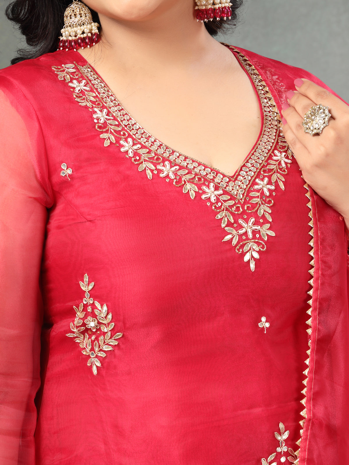 Rich Ruby Red Unstitched Organza Tissue Suit Set with Mirror & Pearl Work