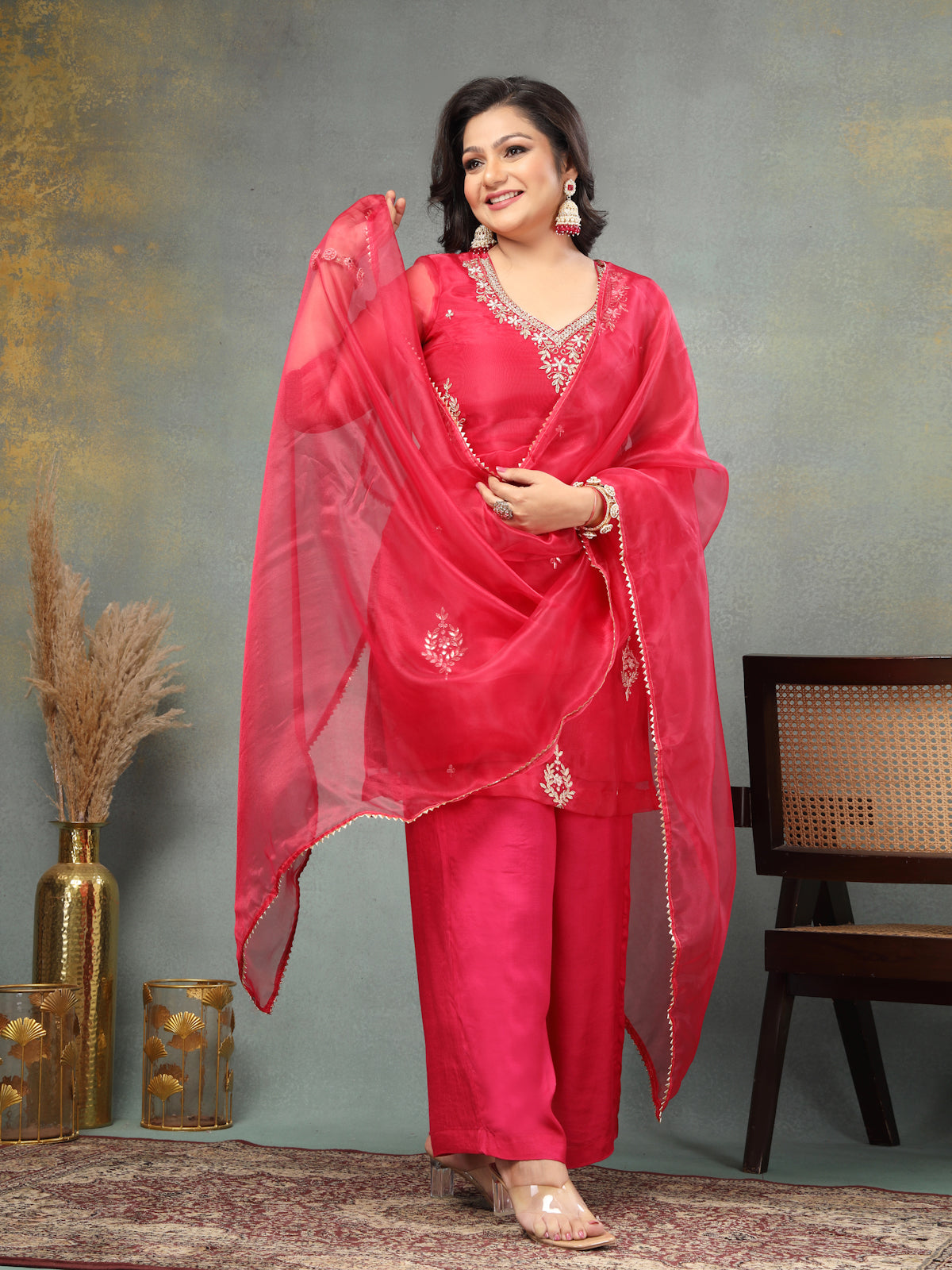 Rich Ruby Red Unstitched Organza Tissue Suit Set with Mirror & Pearl Work