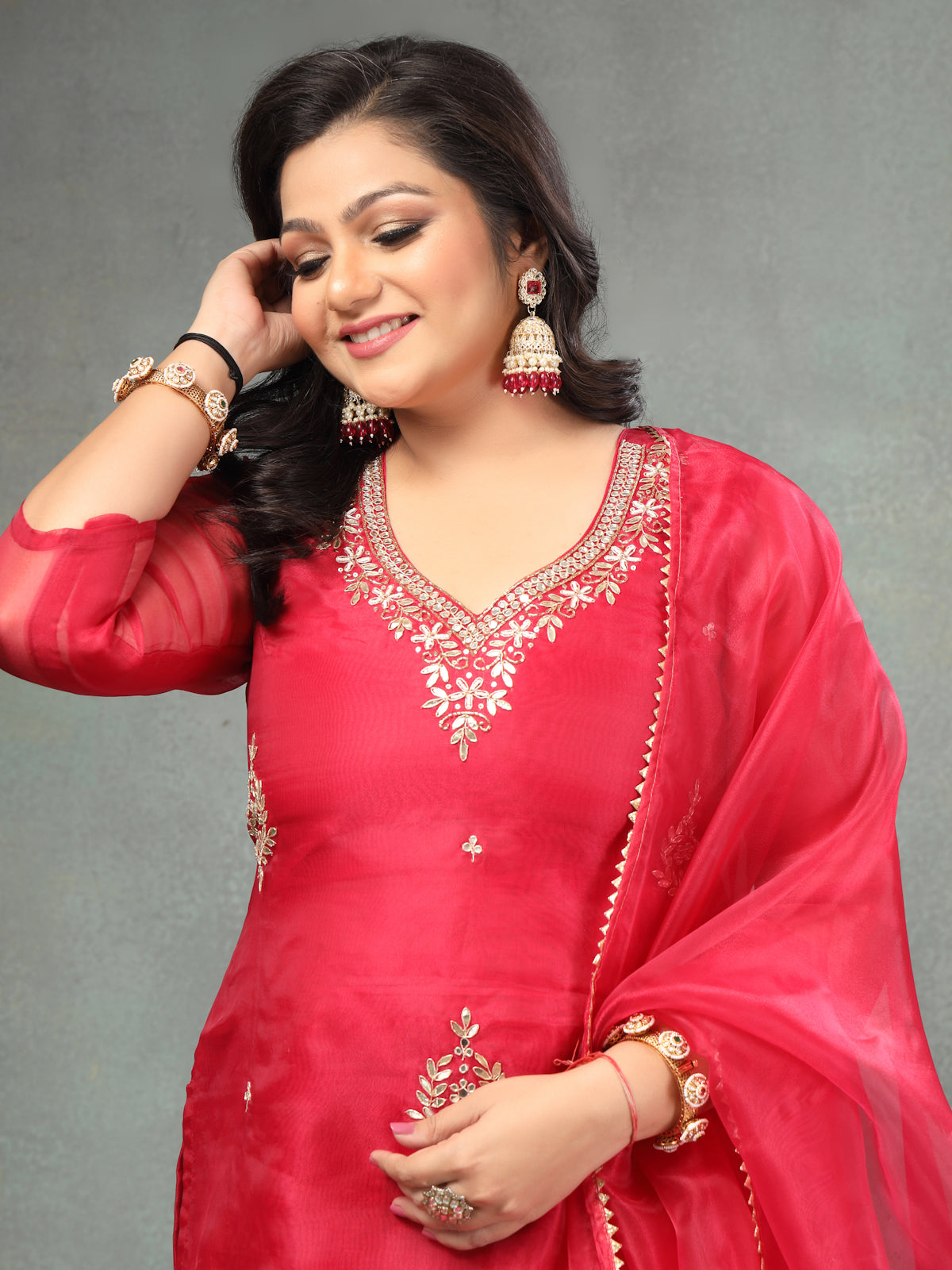 Rich Ruby Red Unstitched Organza Tissue Suit Set with Mirror & Pearl Work